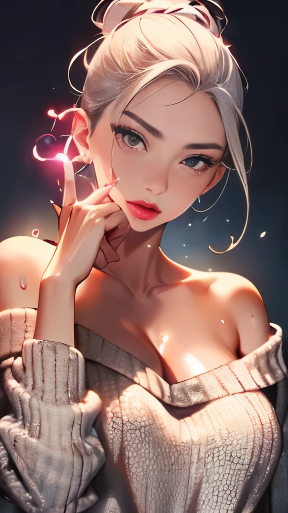 solo、Female 1、8k, RAW image、lively、Crisp double、long eyelashes、big breasts、cleavage emphasis、big cleavage、White V-neck off-shoulder that sticks to your skin、long sweater maxi dress、sweaty face,Shiny pink gloss lip、sexy lips、standing pose、get horny、sexy face、background bokeh、(full shot)、((beautiful feet、Sexual facial expressions、a seductive look)), (Thin small face、sharp chin、small mouth、(((sweat,glowing skin、shiny skin、oil skin)))、((full shot))