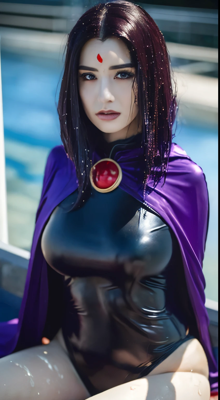 ((Best quality, 8k, Masterpiece :1.3)), pretty woman, 1girl as raven cosplay, huge breasts :1.3, slender figure :1.1, firm abs, dark brown hair, (pool, wet body, sexy thong:1.1), ultra-detailed face, detailed lips, detailed eyes, double eyelid