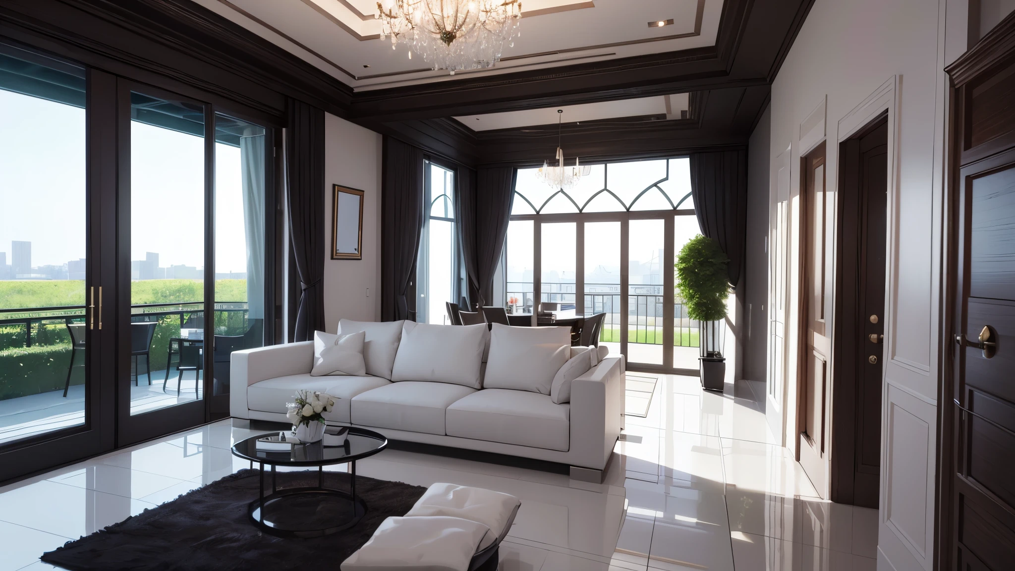 You are a famous interior designer、You have been asked to create a 3D image of a modern large room. Create a harmonious environment with modern and minimalist furniture. Including garden interior.