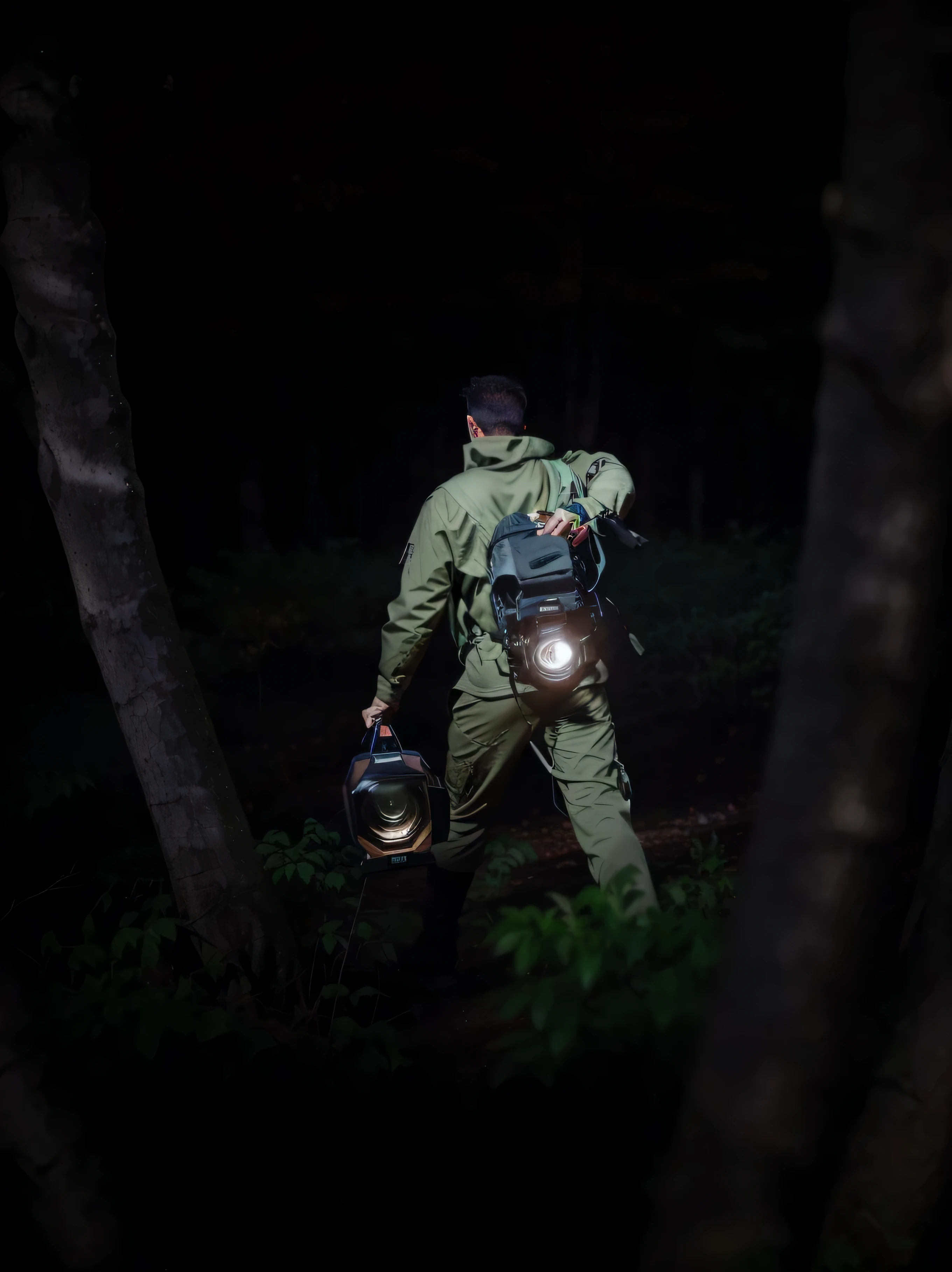 Walking in a forest, holding a flashlight, trees in the background and bats flying.