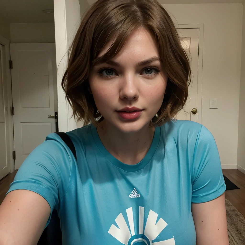 Amateur photo of a gorgeous woman teasing, looking at viewer, ((tongue out)) , sexy, plump, perfect body, casual clothes, (tight sports t-shirt), (team sports t-shirt), ((colorful t-shirt)), sports team logo, girl next door, white skin, subtle smile, lips apart, red lipstick, black eyeliner, face ( (taylorswift) | gemma chan | drew barrymore | kirsten dunst ) , auburn, light brown hair, red hair, short hair, hair attached, hair bun, hair fringe, ((big natural breasts)) , ((long saggy breasts)) , amateur photo, iPhone X,