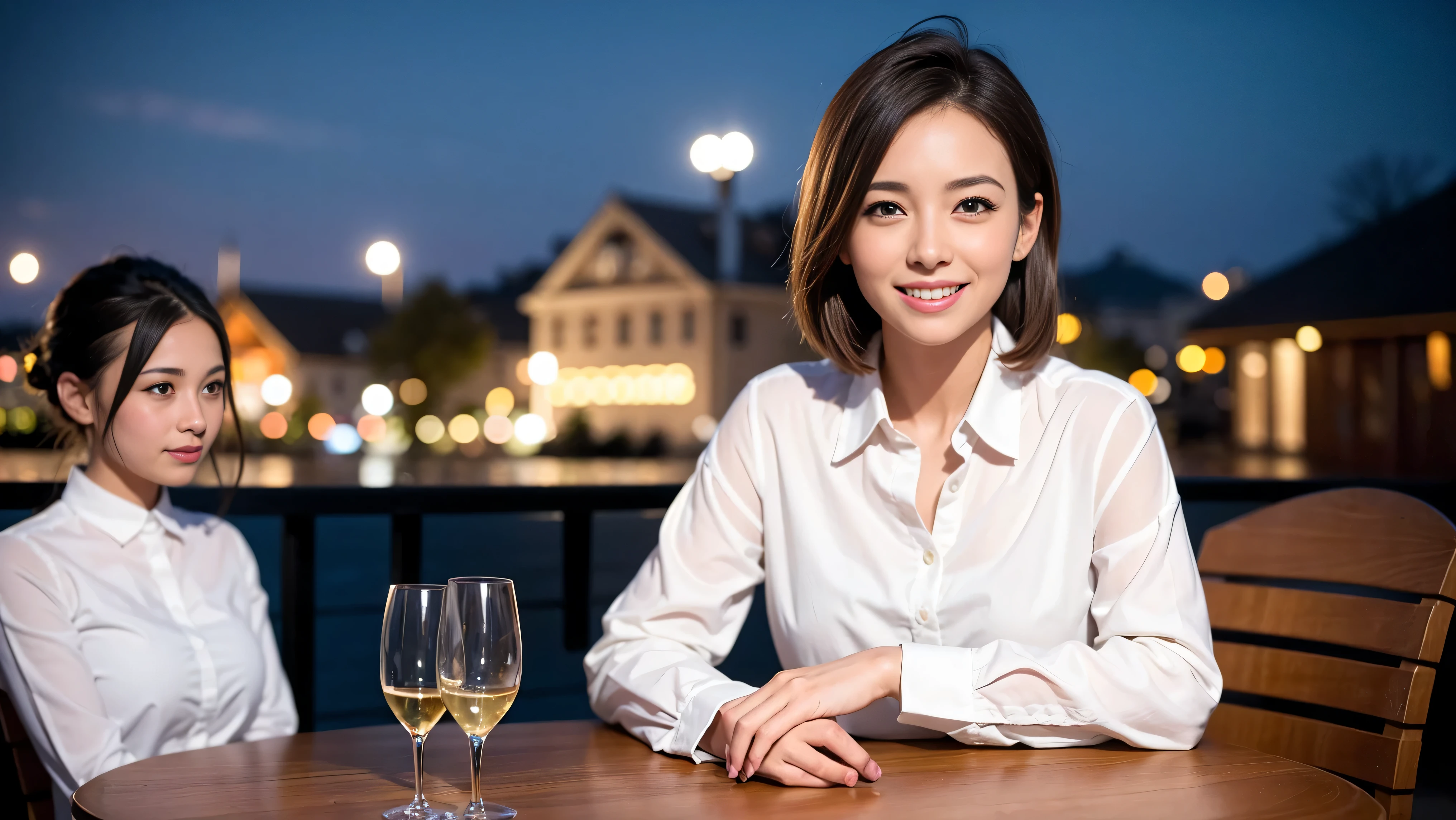 64k, UHD, highest quality, masterpiece: 1.2), (realistic, photorealistic: 1.37), Super detailed, There are many wine fans.、(slimな男女4名),(Wine party for 5 people)、(slimフェイス),Happy、 最高なsmile、Fox Face、Raccoon face、Berry Short、(because I'thin), (brown hair), (shortcut), long sleeve shirt、winter fashion、Colombia、Brazilian、Japanese、Dutch、German、Portuguese、Belgian、Italian、french,champagne、Sparkling wine、 (gush), (slimボティ), (brown hair), (shortcut), Neat beauty、cheeks blush a little, (35 years old), 38 years old, alone, A beautiful and detailed night view spreads out outside the window..., restaurant, wine glassが座っている, At night, in a prominent place (from the Upper body) nova frog style, actress, model, Upper body, White wine, slim, wine glass, very beautiful night view, wine glass Put in the Middle, Happy smile, (smile: 1.15),