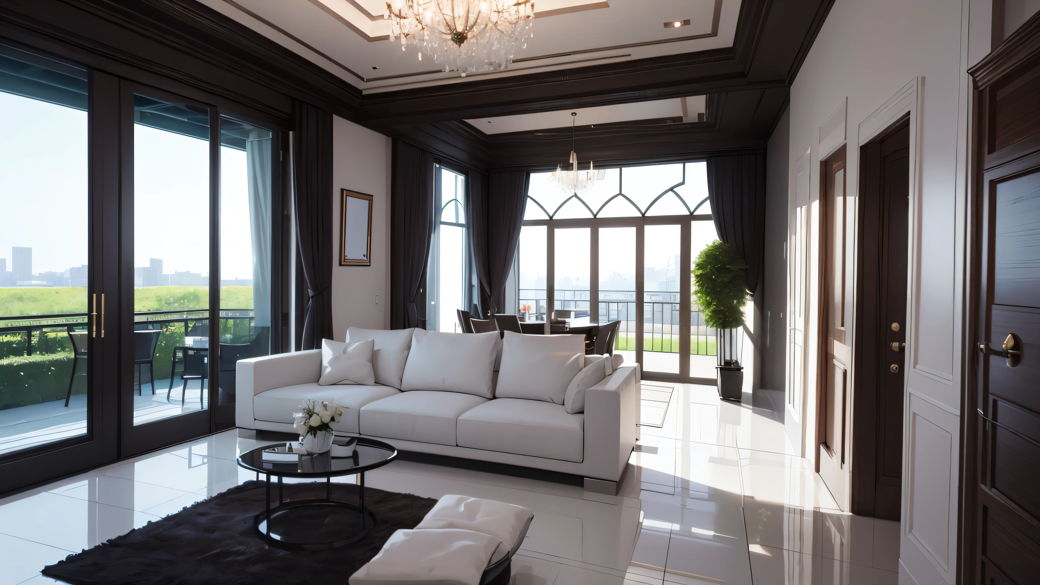 You are a famous interior designer、You have been asked to create a 3D image of a modern large room. Create a harmonious environment with modern and minimalist furniture. Including garden interior.