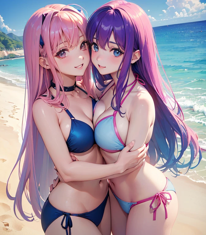 ((masterpiece, high quality, high resolution, absurd, super detailed, High saturation、8k)),real,,(bikini:1.5),(2girls on the beach:1.2,),(yuri:1.5)、(face to face:1.5) seductive smile,cute face、beautiful eyes、stand,(hug tightly:1.2)、(( pink hair,,blue hair:1.2)) (2girls on the beach)