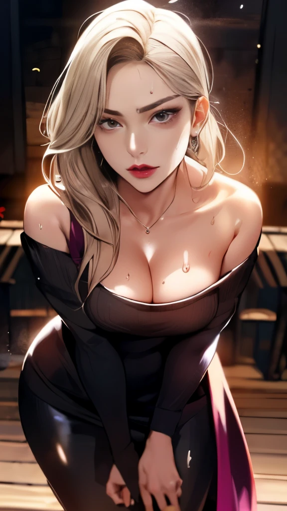 solo、Female 1、8k, RAW image、lively、Crisp double、long eyelashes、big breasts、cleavage emphasis、big cleavage、White V-neck off-shoulder that sticks to your skin、long sweater maxi dress、sweaty face，Shiny pink gloss lip、sexy lips、standing pose、get horny、sexy face、background bokeh、(full shot)、((beautiful feet、Sexual facial expressions、a  look)), (Thin small face、sharp chin、small mouth、(((sweat,glowing skin、shiny skin、oil skin)))、((full shot))