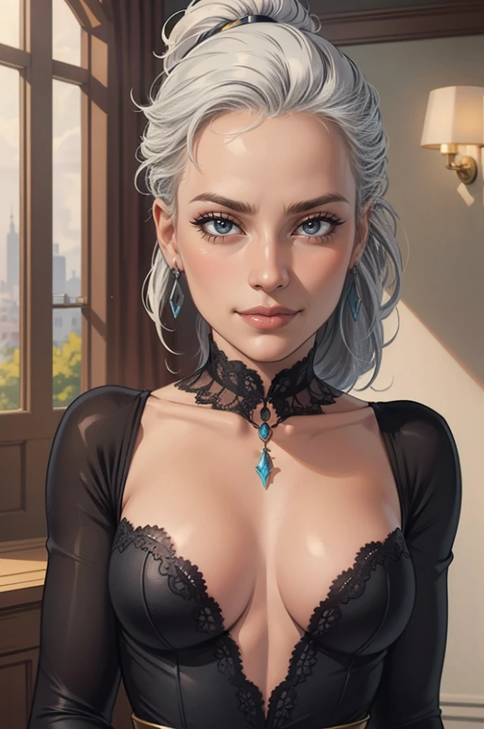 (best quality, masterpiece:1.2), ultra high res, realistic, front lighting, intricate detail, Exquisite details and textures, 1girl, solo ,(young), face highlight, upper body, detailed face, tear mole, white skin, silver hair, ponytail, braid hair, looking at viewer, big eyes, silk robe, (hollow pattern, white, silk), earrings, small breasts, slim body, luxury room, professional lighting, photon mapping, radiosity, physically-based rendering,