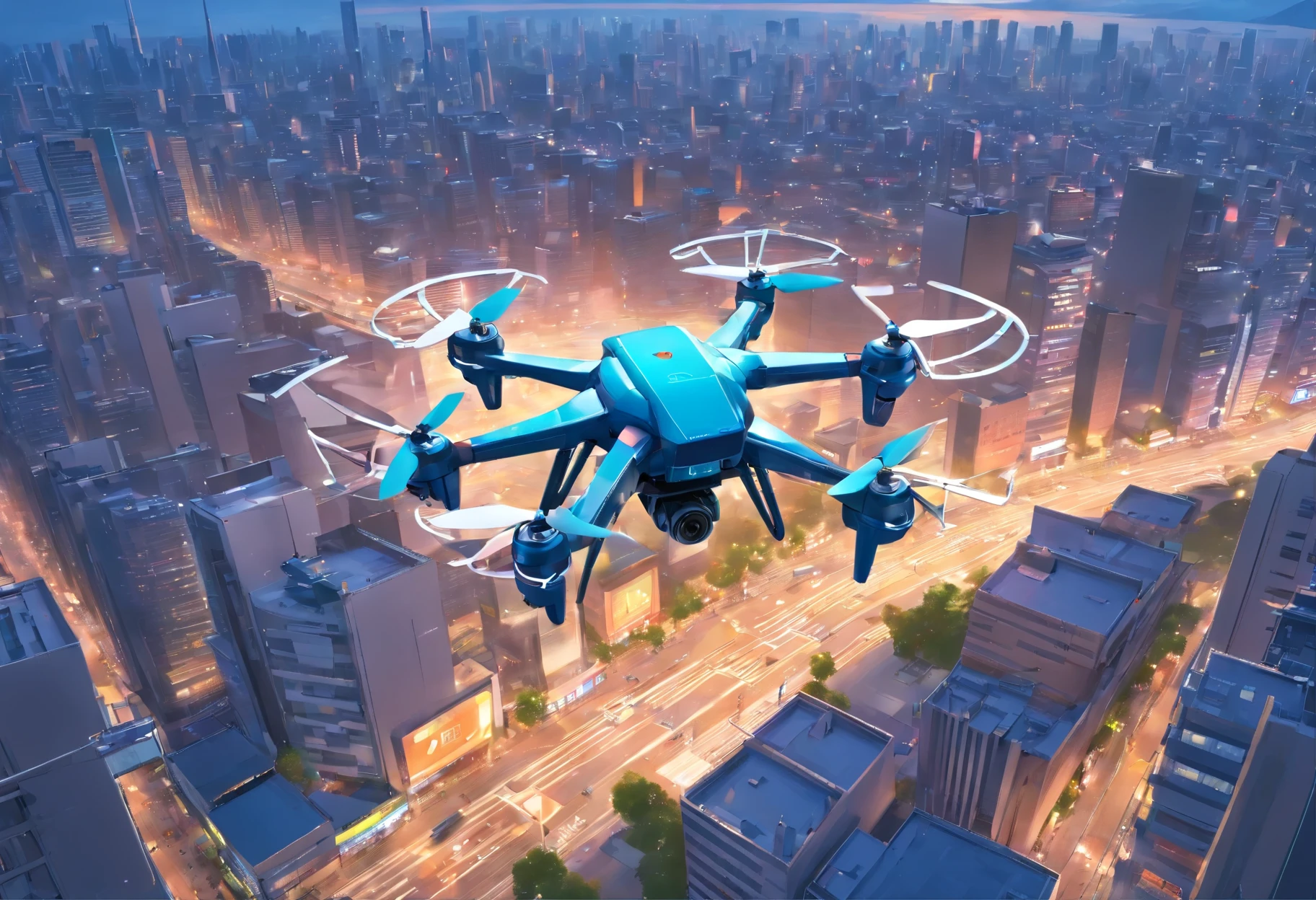 Symmetrical and accurate hexacopter drone flying over the cityscape of a local city, flight stability, unique perspective, dynamic graphics, packed with technology, hovering drone, color aerial photography drone, construction site, low-altitude flight, sunny