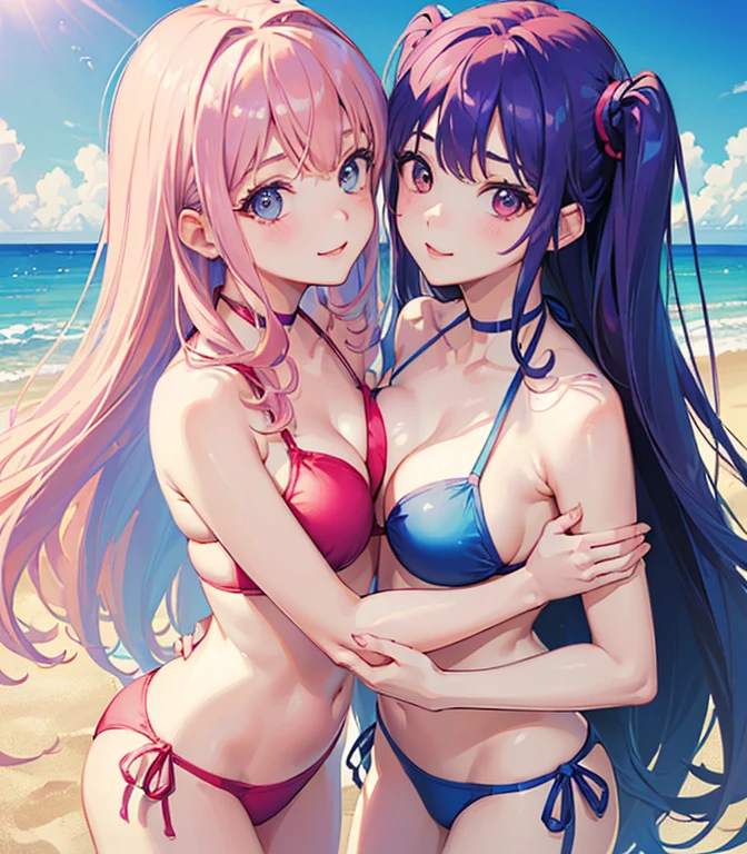 ((masterpiece, high quality, high resolution, absurd, super detailed, High saturation、8k)),real,,(bikini:1.5),(2girls on the beach:1.2,),(yuri:1.5)、(face to face:1.5) seductive smile,cute face、beautiful eyes、stand,(hug tightly:1.2)、(( pink hair,,blue hair:1.2)) (2girls on the beach)