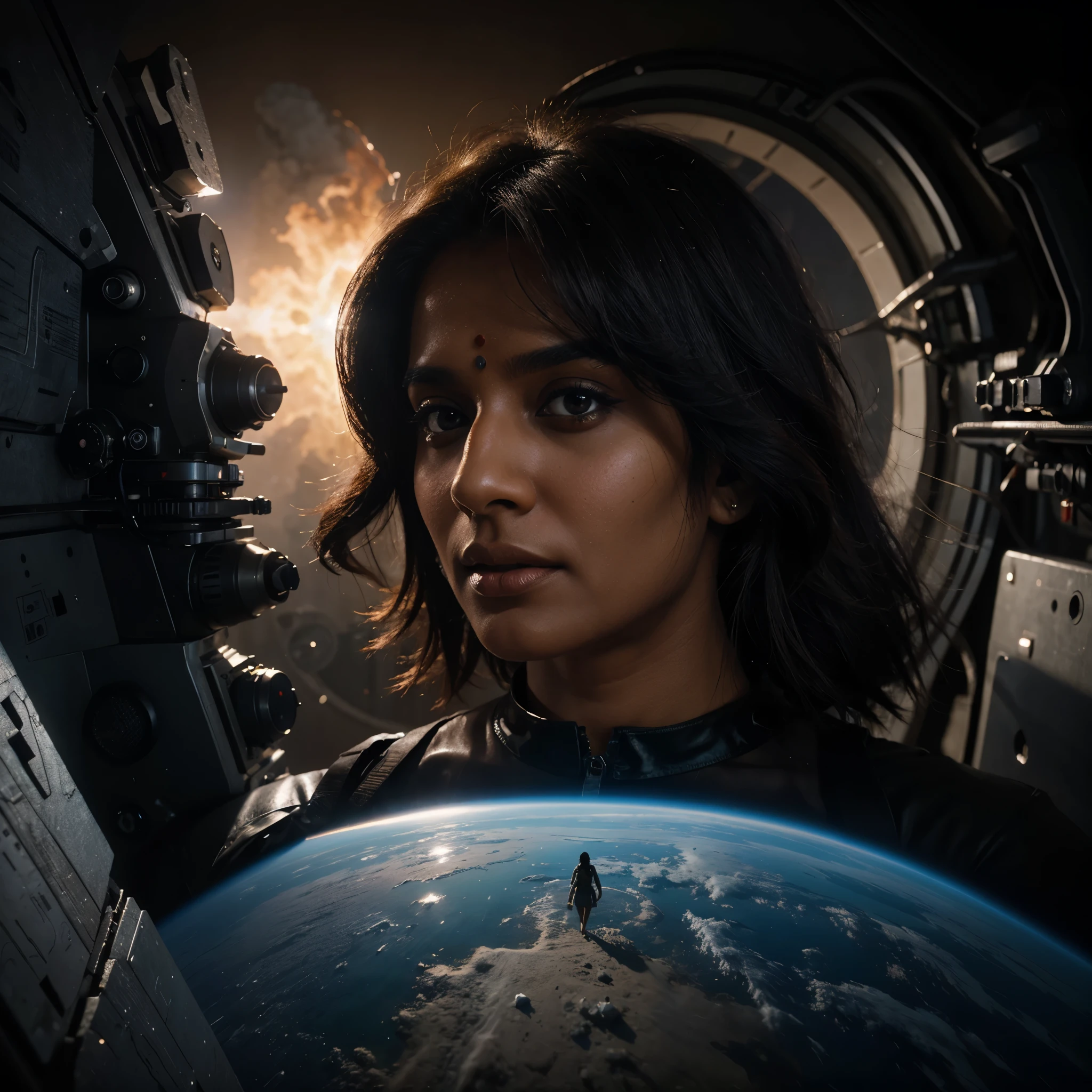 Surreal modern indian woman portrait,fantasy art,Photorealism,dynamic lighting,Volumetric lighting,4k,Rocket,outer space,astronaut,