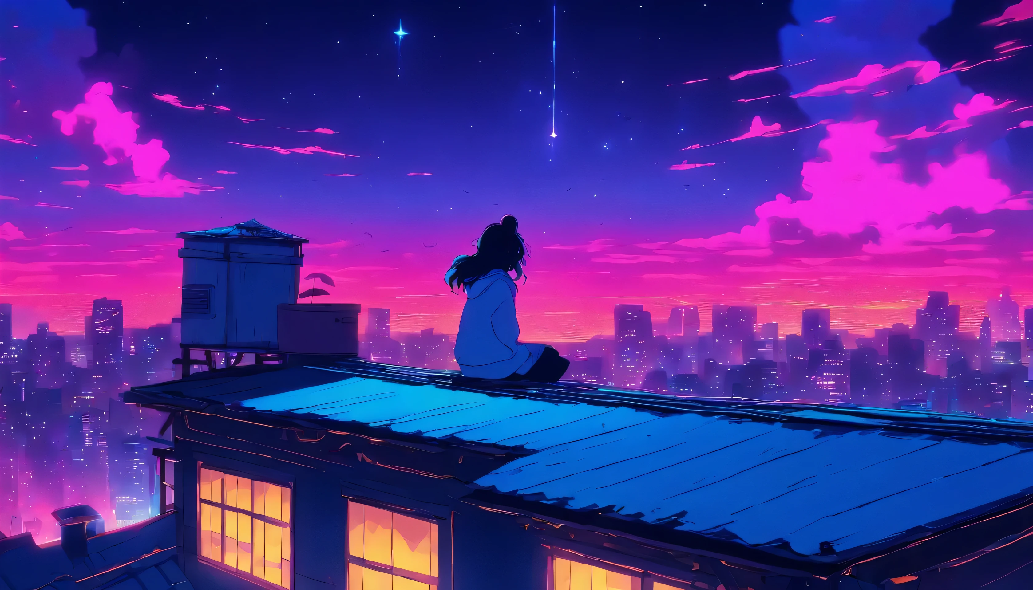 (Lofi), A girl sitting on the rooftop of an old house, Lo-fi image,retro, flat,2.5d, night light, rooftop view, neon scape, beautiful colorful night sky,stars ,analog color theme, fantasy ,line art, ink drawing, big ink line, watercolor, goauche color, studio Ghibli style, awesome colorful, outurn, synthwave, lofi art,90s style,old texture, amplitude,90s atmosphere, masterpiece, massive skills