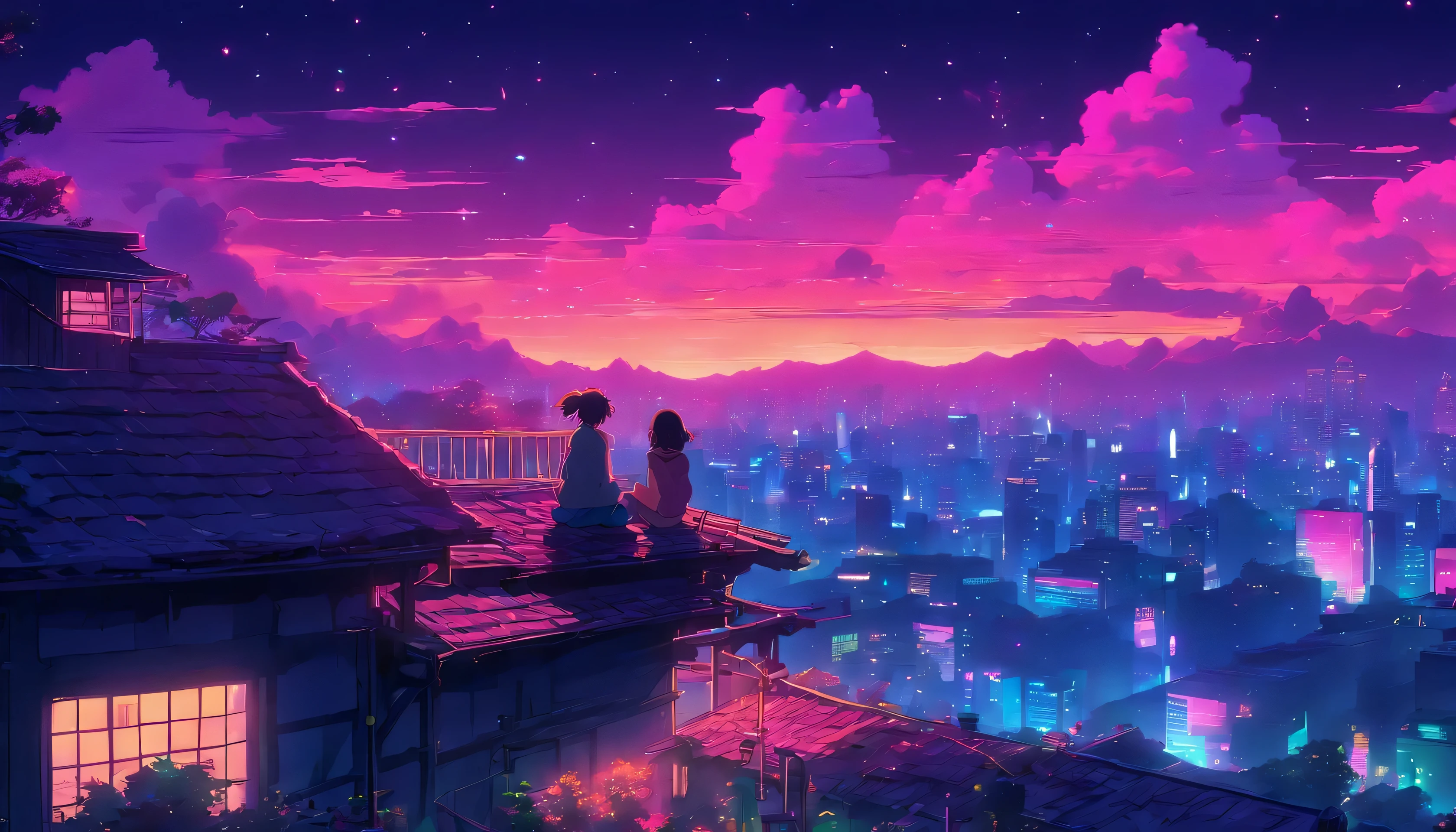 (Lofi), A girl sitting on the rooftop of an old house, Lo-fi image,retro, flat,2.5d, night light, rooftop view, neon scape, beautiful colorful night sky,stars ,analog color theme, fantasy ,line art, ink drawing, big ink line, watercolor, goauche color, studio Ghibli style, awesome colorful, outurn, synthwave, lofi art,90s style,old texture, amplitude,90s atmosphere, masterpiece, massive skills