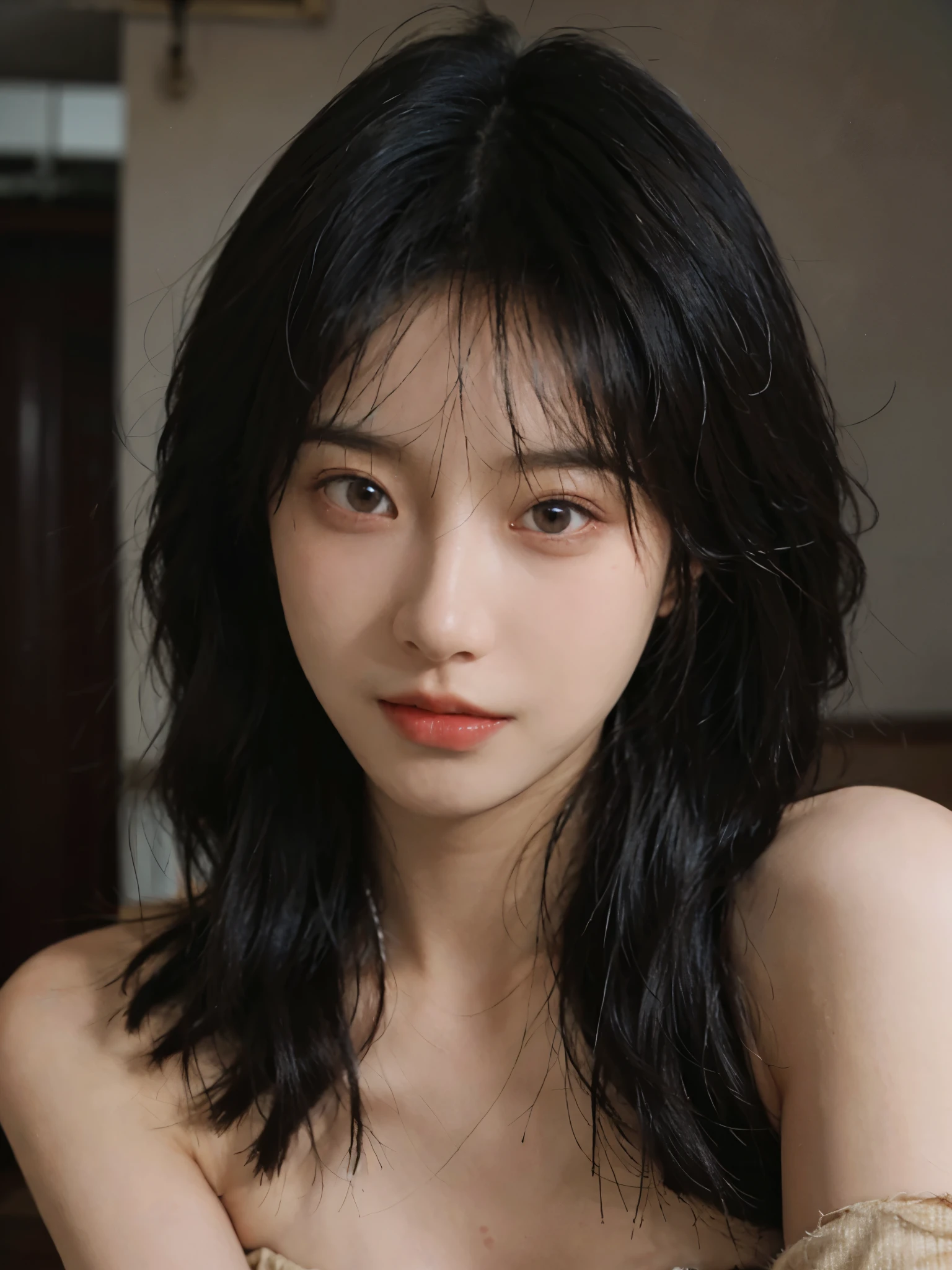 Film portrait photography, 1 girl, bare shoulders, Shoulder length wavy hair,cute, serene, calm, (Realistic and detailed eyes, natural skin texture, Realistic facial details), Soft dramatic lighting, depth of field, Bokeh, Vibrant details, detailed meticulous, hyper-realistic, 35mm film, hazy, ,