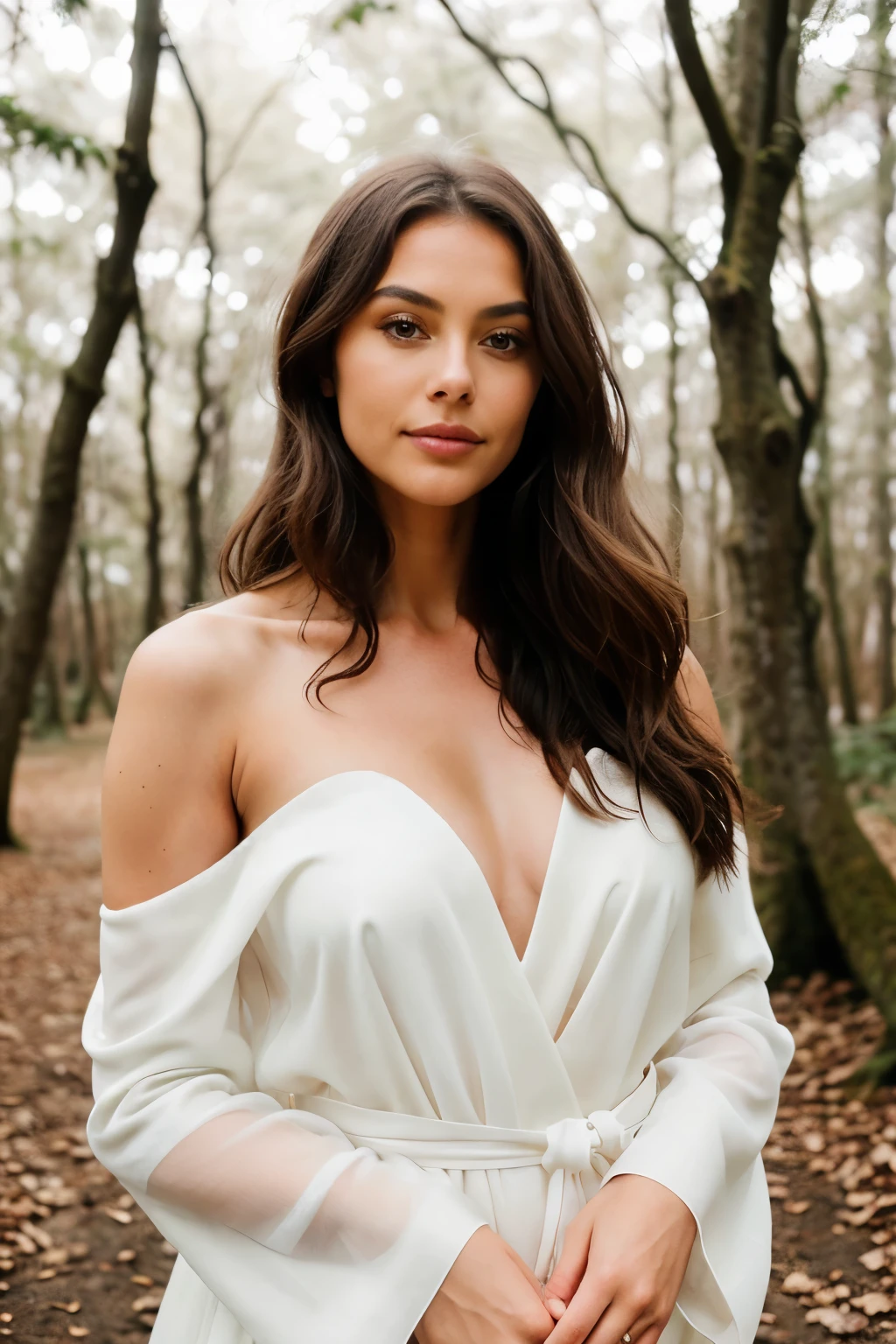 An elegant woman in a white wedding dress, adorned with a luxurious white faux fur stole, stands amidst a forest of bare trees. Her brown hair is styled in soft waves, cascading down her shoulders, and she dons natural makeup, subtly enhanced with a hint of shimmer on her cheeks and accentuated eyes. Her gaze is fixed on the camera with a subtle, confident smile, radiating an air of tranquility and serene beauty. The natural diffused light filters through the trees, creating a serene and slightly mysterious atmosphere, highlighting every intricate detail of her exquisite attire and the intricate texture of her skin. Her attire fits perfectly, accentuating her