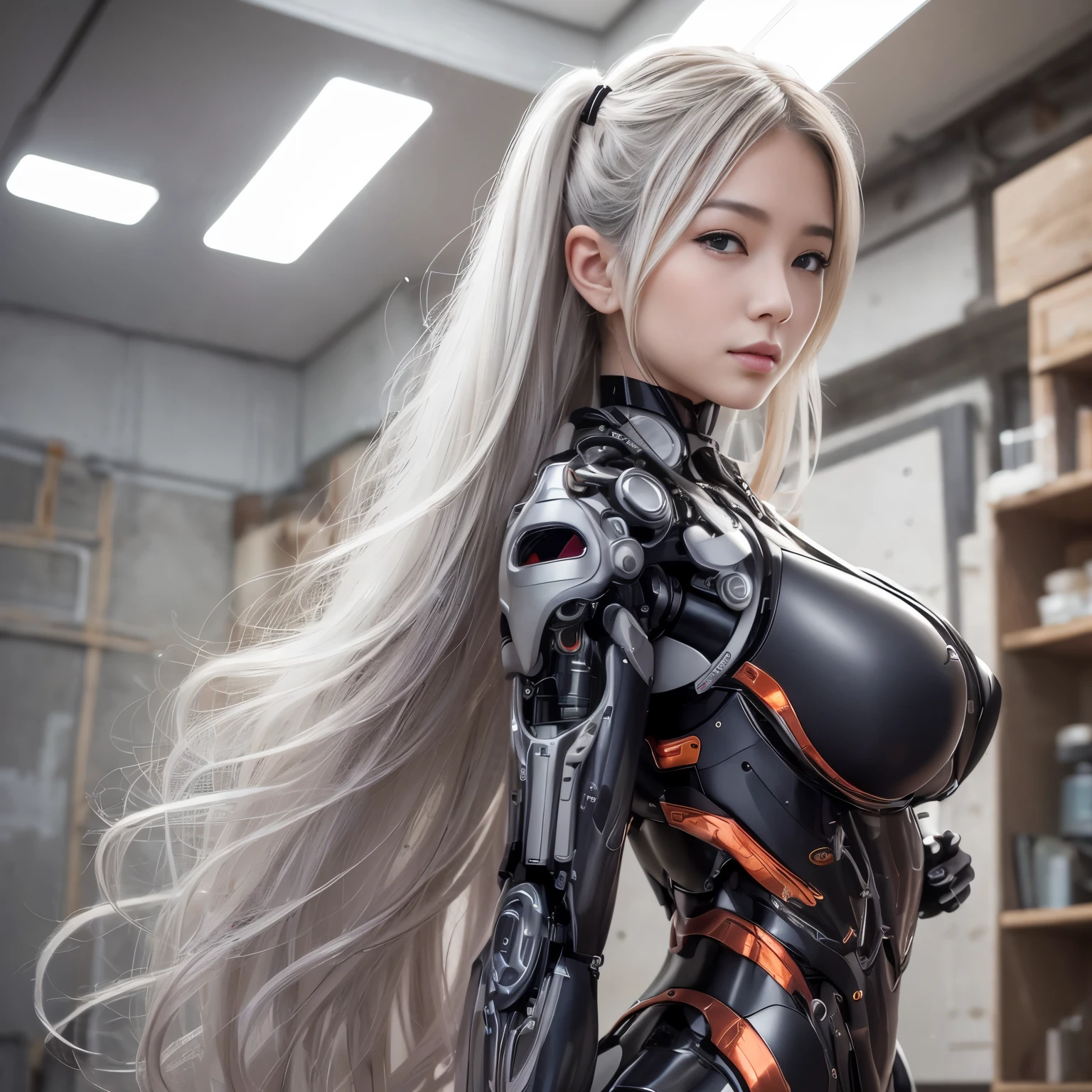 beautiful face,face is Japan, 1 female, big, Curvaceous, (16k, RAW photo, highest quality, masterpiece: 1.2), (HDR, realistic, realistic: 1.37) (Tube attached to the body), (Bikini Cyborg Robot Parts)))), (light gray hair), long hair, wavy hair, twin tails, medium shot, ( enchanting smile)), (black eye), double eyelid, princess cut, from below, (whole body),take a pose,,In the laboratory,( Tubes connected to blood vessels),((mechanical vertebrae attached to the back)),((Mechanical neck attached to the neck)),(Wires and cables mounted on the head and body),(character focus),SF,perfect woman image,完璧なanatomy, anatomy, whole bodyショット, Up to four fingers and one thumb relationship,