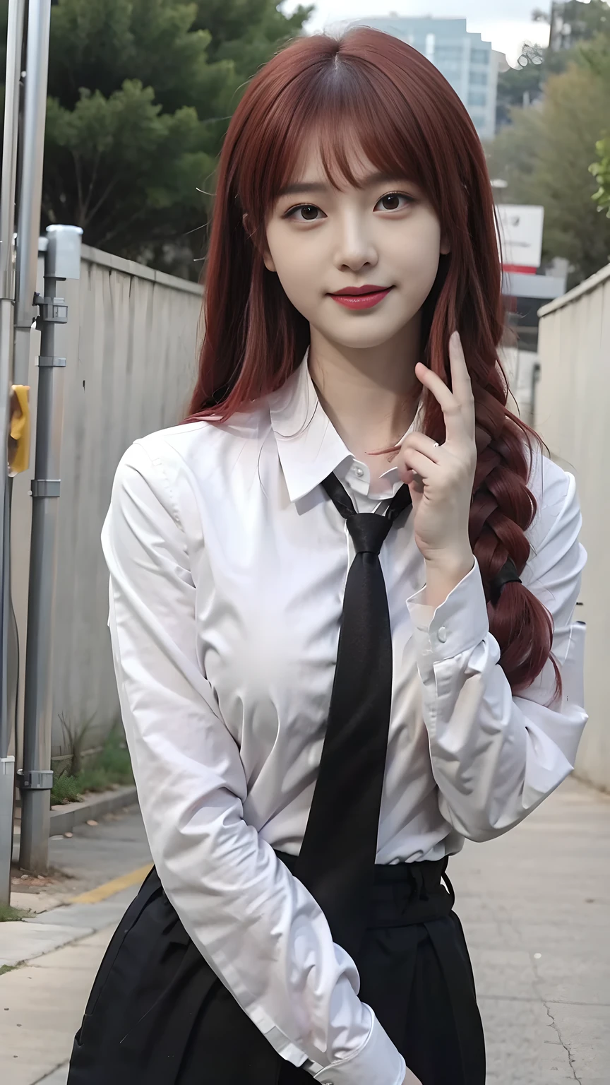 best quality, natural lighting, masterpiece, 1 girl, perfect beautiful face, (photo photo:1.3), edge lighting, photography lighting, (high detail skin:1.2), 8k ultra hd, DSLR, high quality, high resolution, white skin, detailed textured skin, 3/4 body in frame, sexy posing, poker face, close-lip, perfect propotion face, symetric face, eye level shot, 4k, 8k, bokeh, absurd, best ratio four fingers and one thumb, (realistic:1.3), beautiful detailed girl, cute 1girl, red hair, long hair, bangs, volume hairs, collosal-breast, full looking breast, projecting breast, slim waist, slender, small thighs, perfectly proportion, outdoor background, detailed background, trees, clouds, makima, long hair, smile, bangs, (yellow eyes:1.2), braid, red hair, braided ponytail, ringed eyes, shirt, long sleeves, white shirt, collared shirt, pants, (black pants:1.2), formal, suit, black necktie, (shirt tucked in:1.2), office lady, braid, braided ponytail, long hair, makima, (black necktie:1.2), red hair, yellow eyes, white shirt, (hands behind back:1.1)