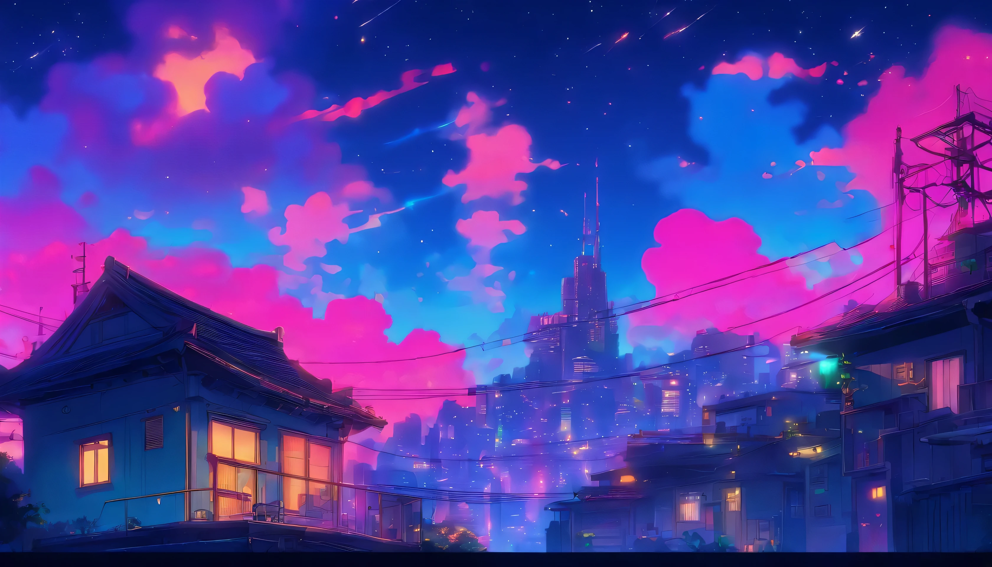 (Lofi), A girl sitting on the rooftop of an old house, Lo-fi image,retro, flat,2.5d, night light, rooftop view, neon scape, beautiful colorful night sky,stars ,analog color theme, fantasy ,line art, ink drawing, big ink line, watercolor, goauche color, studio Ghibli style, awesome colorful, outurn, synthwave, lofi art,90s style,old texture, amplitude,90s atmosphere, masterpiece, massive skills