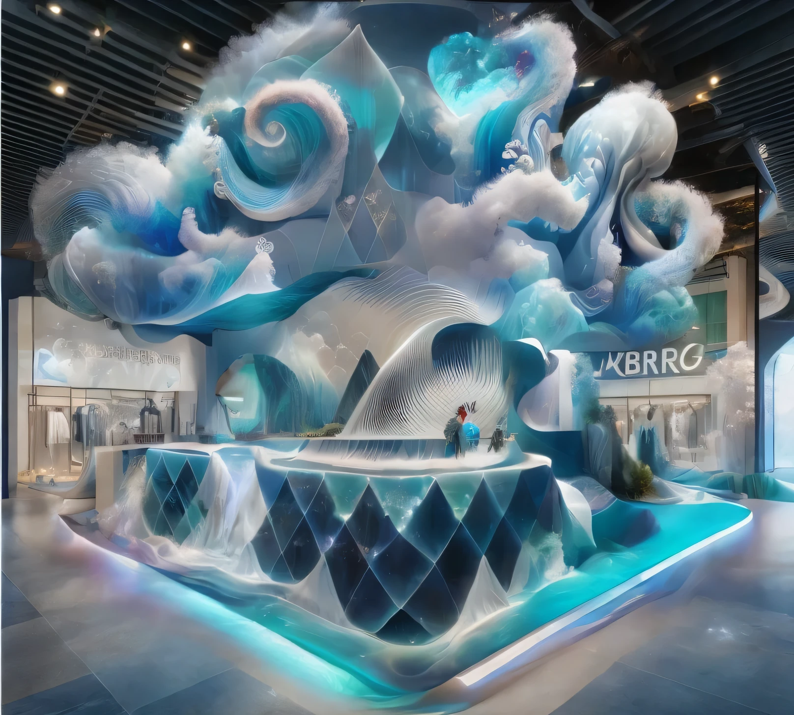 wave，marine style，help desk，展厅help desk, Surreal design, Behance 3D Art Trends, Behance 3D Art Trends, Hyperrealistic 3D rendering, Deformed illustration, abstract 3d rendering, futuristic decor, futuristic architectural art, Complex 3D illustration, Cool 3D visualization, Detailed digital 3D art, 3 description