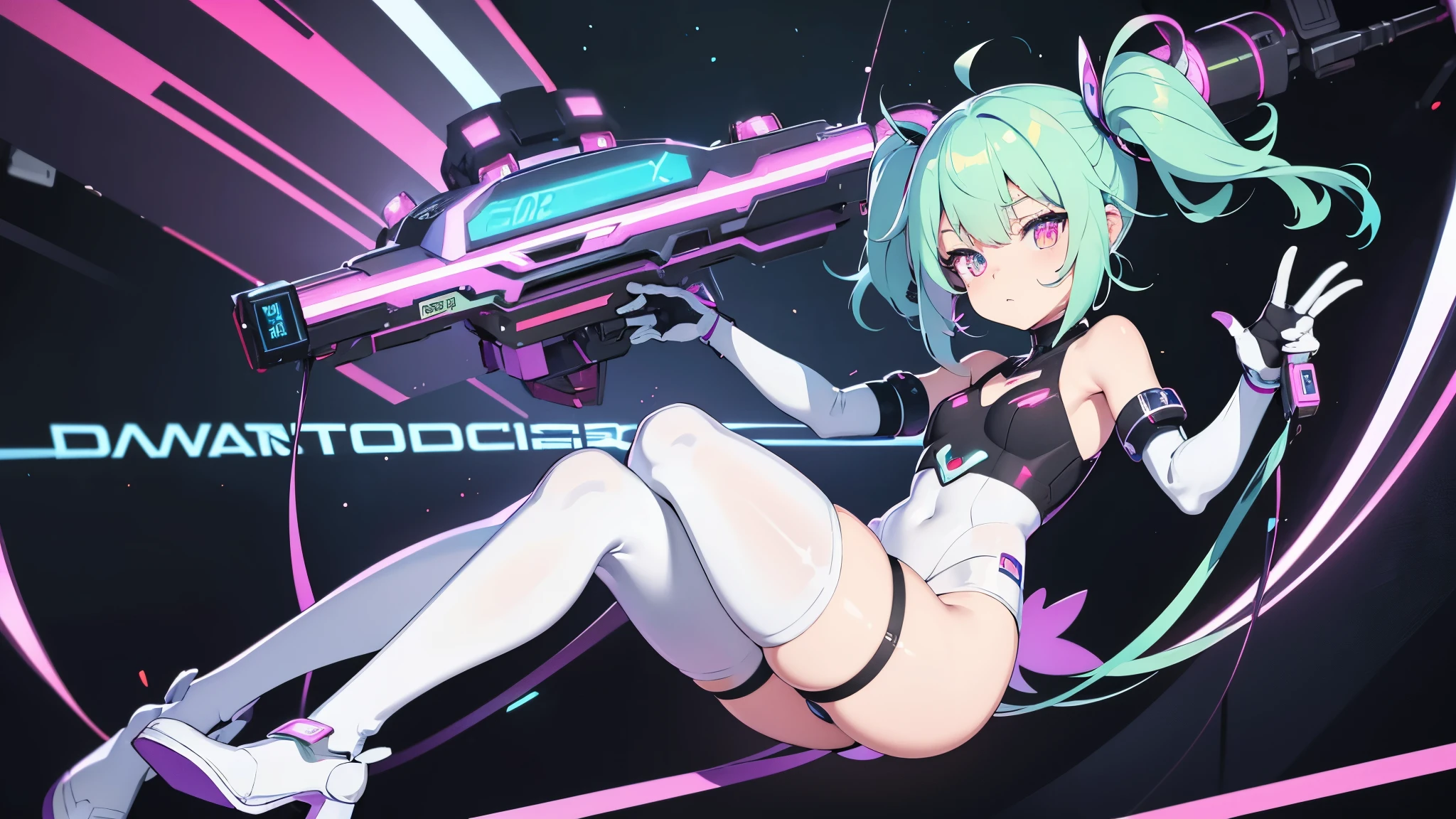 A ,neon hair,(Double tail),heterochromatic pupils,White tights,(Robotic arm),Floating state,naughty expression,Digital background,Avatars,AI,High quality 4K,detailed details,white silk