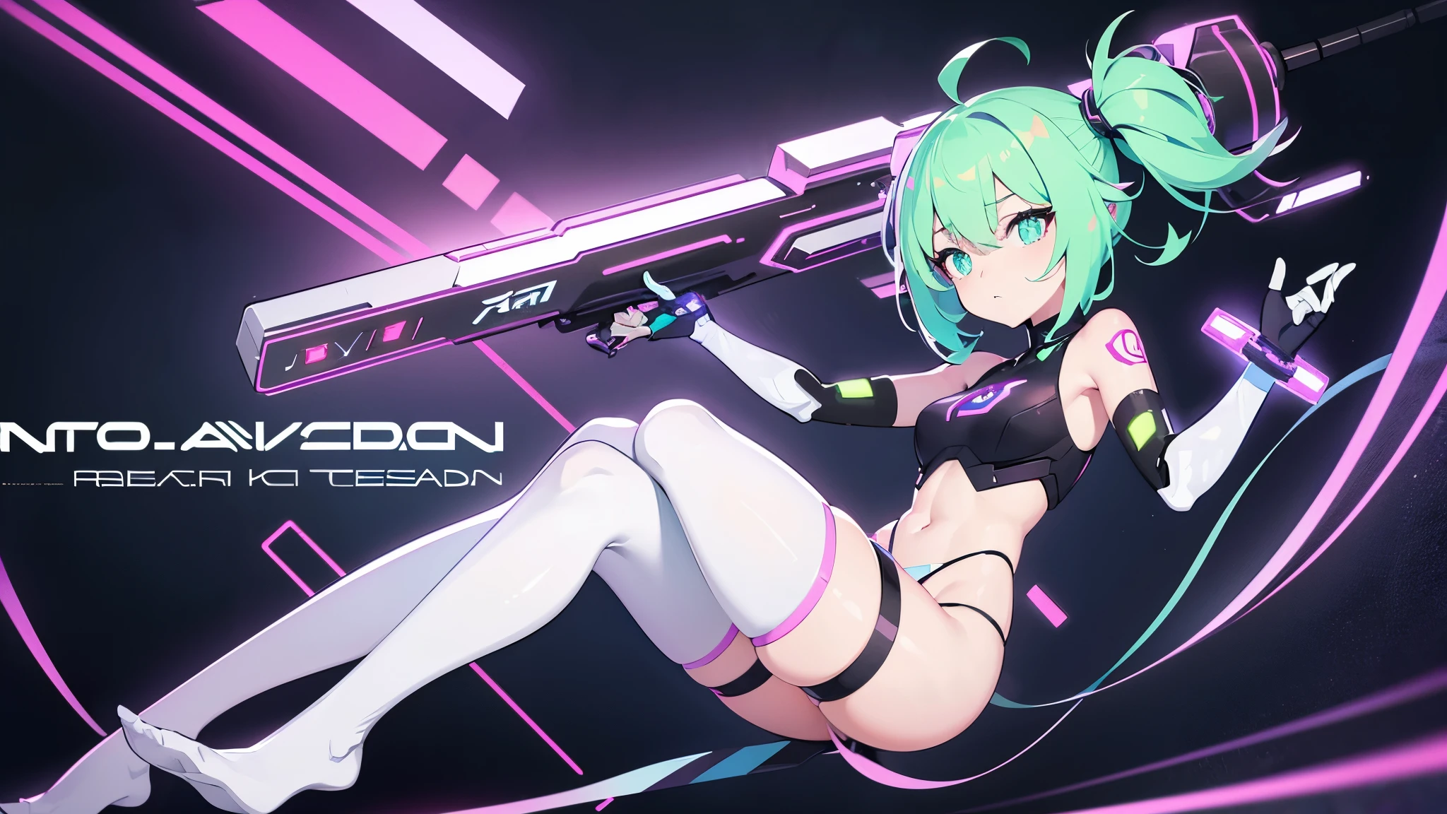 a girl,neon hair,(Double tail),heterochromatic pupils,White tights,(Robotic arm),Floating state,naughty expression,Digital background,Avatars,AI,High quality 4K,detailed details