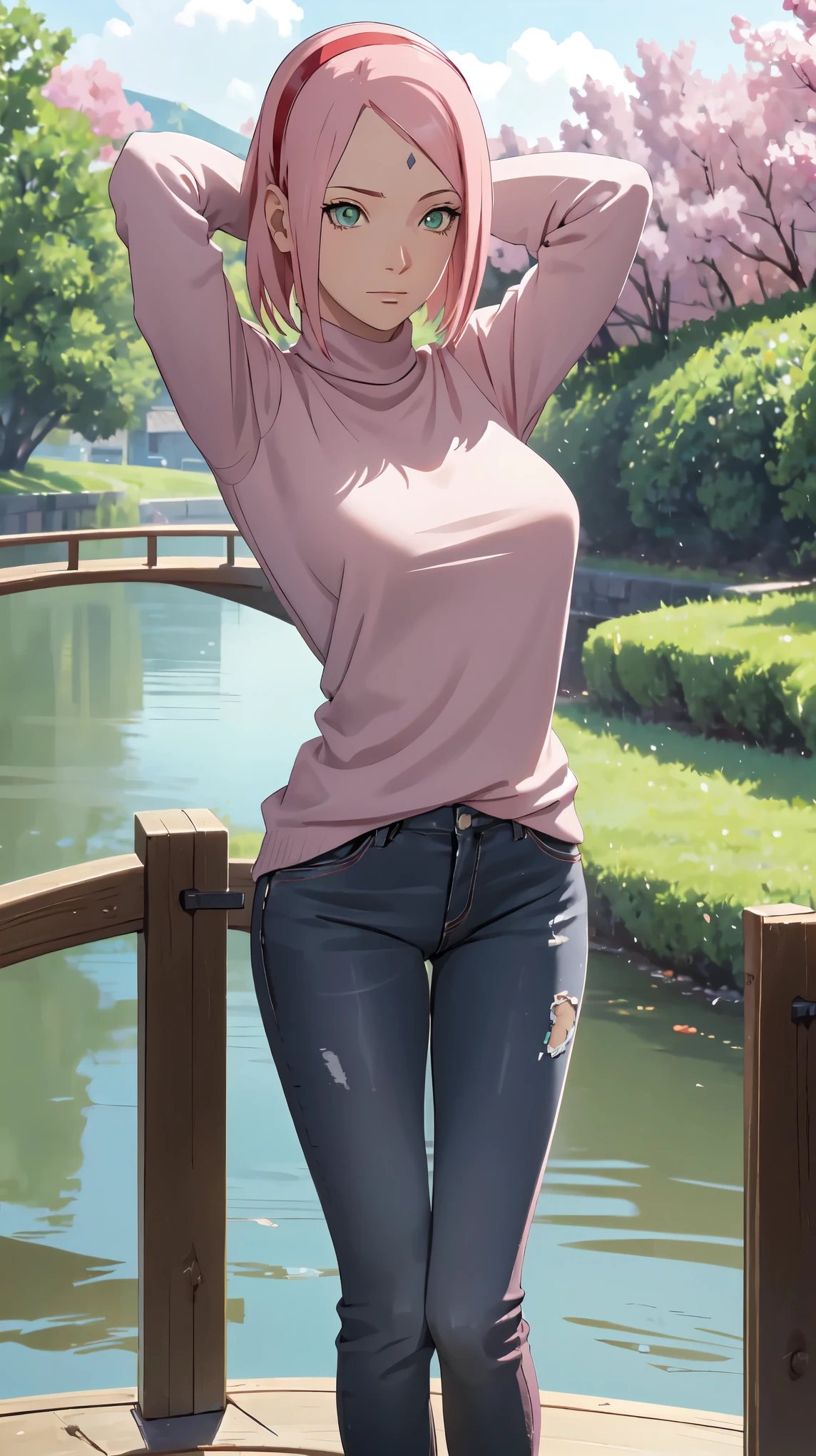 Masterpiece, stunning realistic, best quality, sharpness,highly detailed, 1 girl,sakura haruno,pink hair,green eyes,forehead mark,dunkelblaue raute auf der stirn,standing on a red bridge,pink trees in the background,sexy body,middle large breasts,(arms behind head:1.2),red hairband, (knitted sweater:1),skinny jeans,closeup,only upperbody
