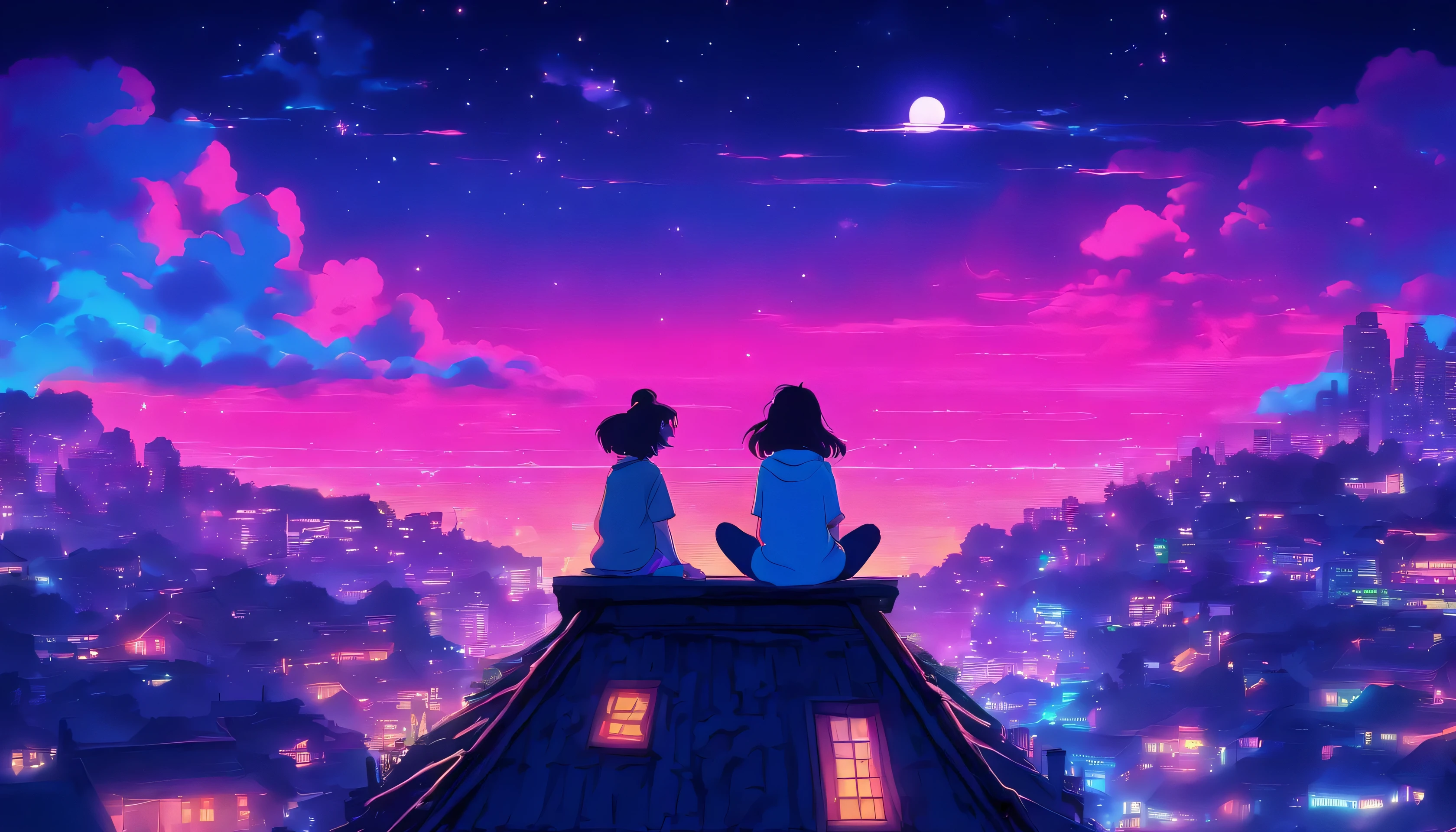 (Lofi), A girl sitting on the rooftop of an old house, Lo-fi image,retro, flat,2.5d, night light, rooftop view, neon scape, beautiful colorful night sky,stars ,analog color theme, fantasy ,line art, ink drawing, big ink line, watercolor, goauche color, studio Ghibli style, awesome colorful, outurn, synthwave, lofi art,90s style,old texture, amplitude,90s atmosphere, masterpiece, massive skills