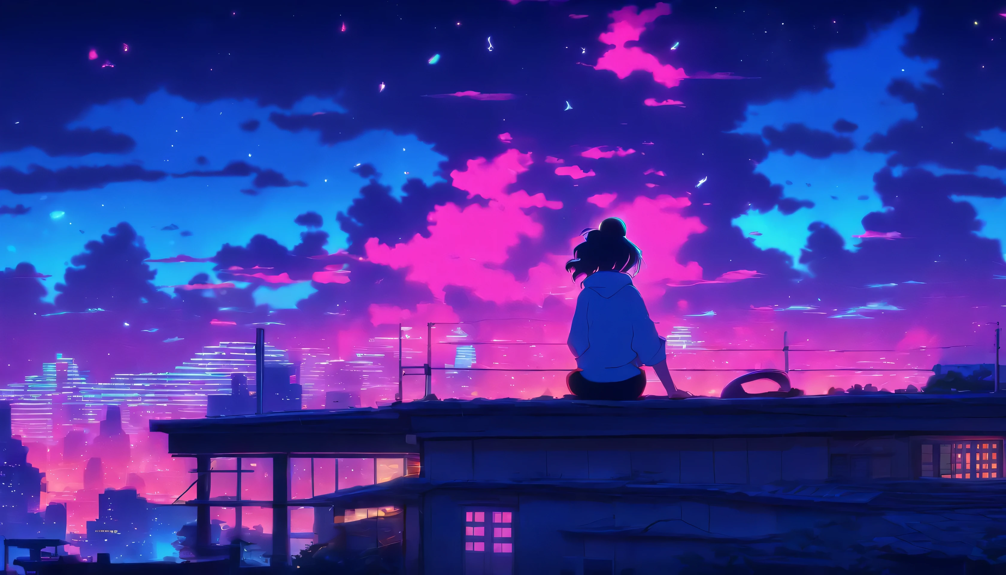 (Lofi), A girl sitting on the rooftop of an old house, Lo-fi image,retro, flat,2.5d, night light, rooftop view, neon scape, beautiful colorful night sky,stars ,analog color theme, fantasy ,line art, ink drawing, big ink line, watercolor, goauche color, studio Ghibli style, awesome colorful, outurn, synthwave, lofi art,90s style,old texture, amplitude,90s atmosphere, masterpiece, massive skills