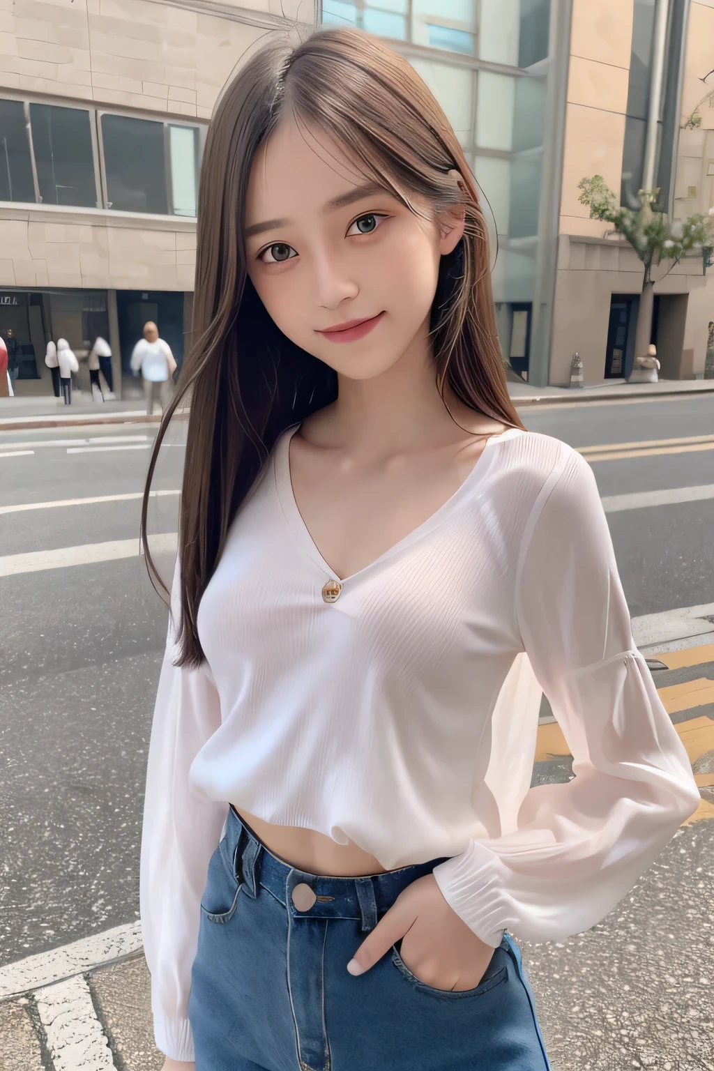 pieces fly、masterpiece、highest quality、Super detailed、High resolution、High resolution、8K portrait、unity 8k wallpaper、Detailed CG、unity 8k wallpaper、Detailed CGユニティ8kの壁紙、realistic、real person、portrait photography、shiny skin、（16 years old:1.2）、(cute:1.2)、High resolution、beautiful clear eyes、very detailed explanation、delicate face、nice lips、thin waist、thin legs、1 girl、(urban area:1.3)、(Colorful long-sleeved shirt:1.3)、(skinny pants:1.3)、(big smile:1.3)、(stop temporarily:1.3)、(flat chest:1.8)、(No bra:1.5)、(My nipples stick to my clothes:1.4)