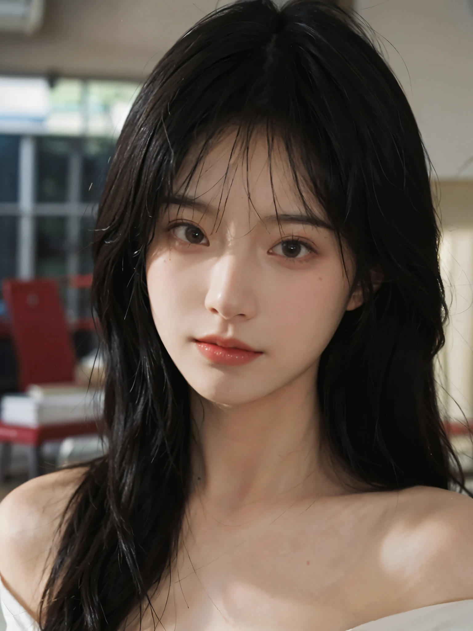 Film portrait photography, 1 girl, bare shoulders, Shoulder length wavy hair,cute, serene, calm, (Realistic and detailed eyes, natural skin texture, Realistic facial details), Soft dramatic lighting, depth of field, Bokeh, Vibrant details, detailed meticulous, hyper-realistic, 35mm film, hazy, ,
