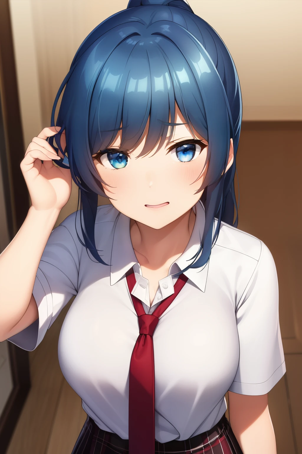 (masterpiece, best quality: 1.2), close-up photo, beautiful girl with long ponytail hair, slightly black navy blue hair, blue eyes, wearing a white school uniform and a long red tie ,disgusted facial expression looking at me, wearing a short brown school skirt, looks enthusiastic, at school, very detailed, best quality, perfect face, very high quality, very detailed, visible breasts