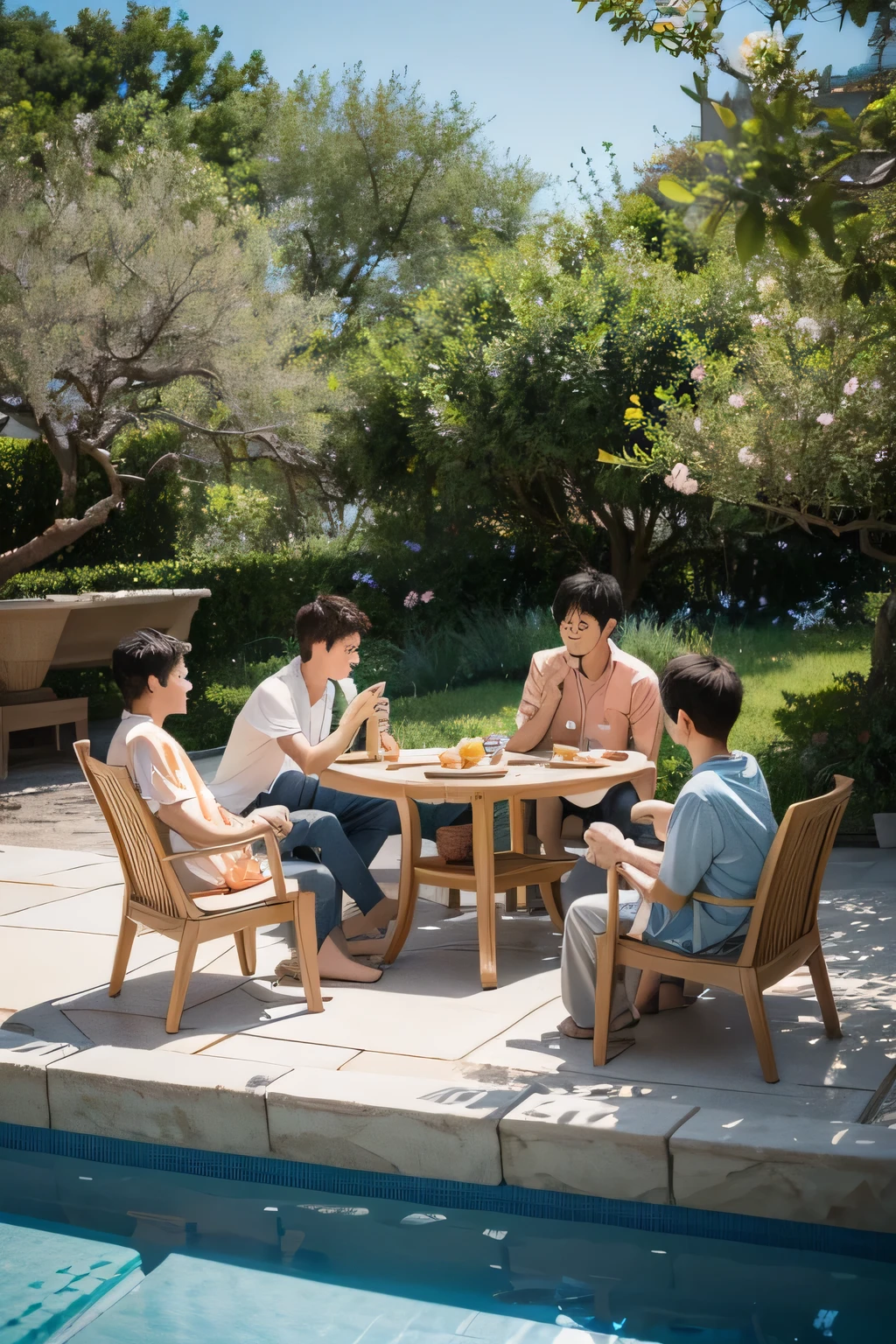 terrace，Peach tree，Couple having fun with two boys，Hayao Miyazaki style，Sky blue tones。The face is clear