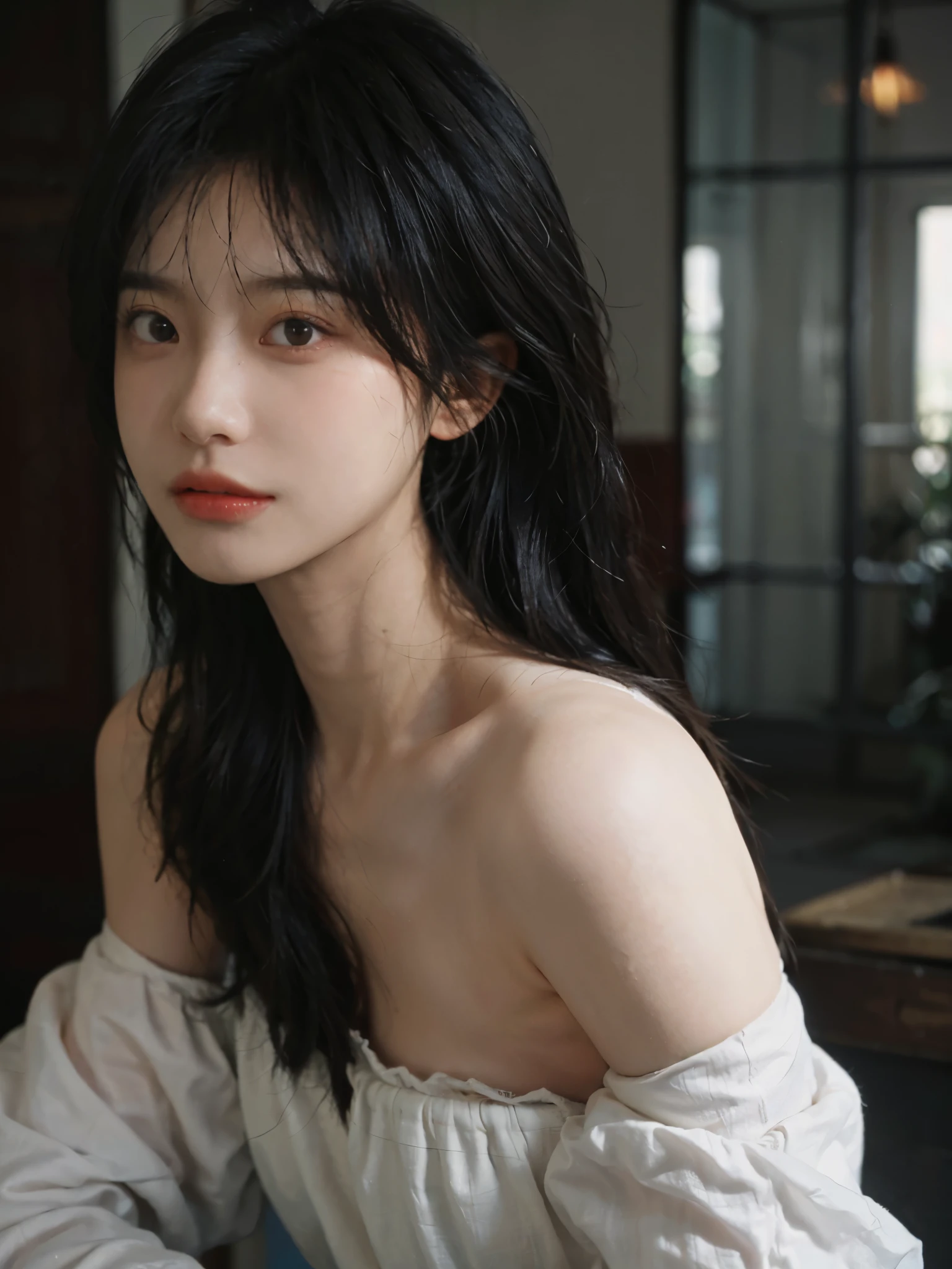 Film portrait photography, 1 girl, bare shoulders, Shoulder length wavy hair, serene, calm, (Realistic and detailed eyes, natural skin texture, Realistic facial details), Soft dramatic lighting, depth of field, Bokeh, Vibrant details, detailed meticulous, hyper-realistic, 35mm film, hazy, ,