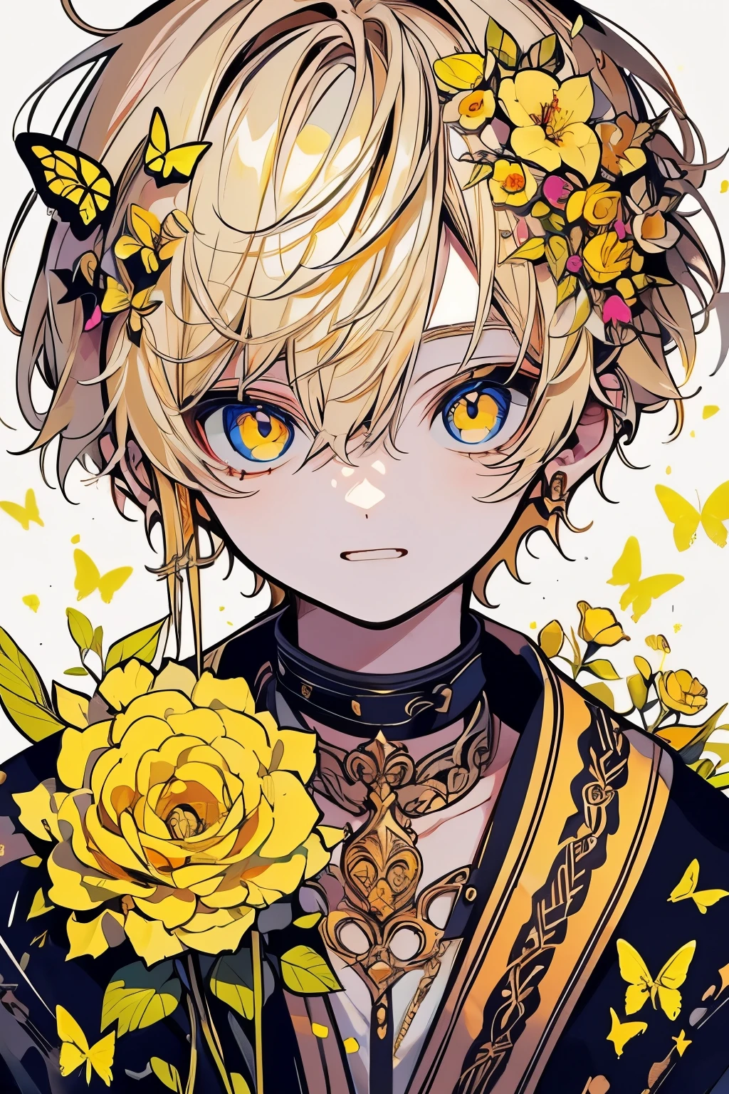 (muste piece), (best quality), very detailed, 1 boy, solo focus，perfect face, beautiful face, very detailed顔，(blonde:1.3)，(golden eyes:1.3)，flower，butterfly々，flowerびら，Light，laughter