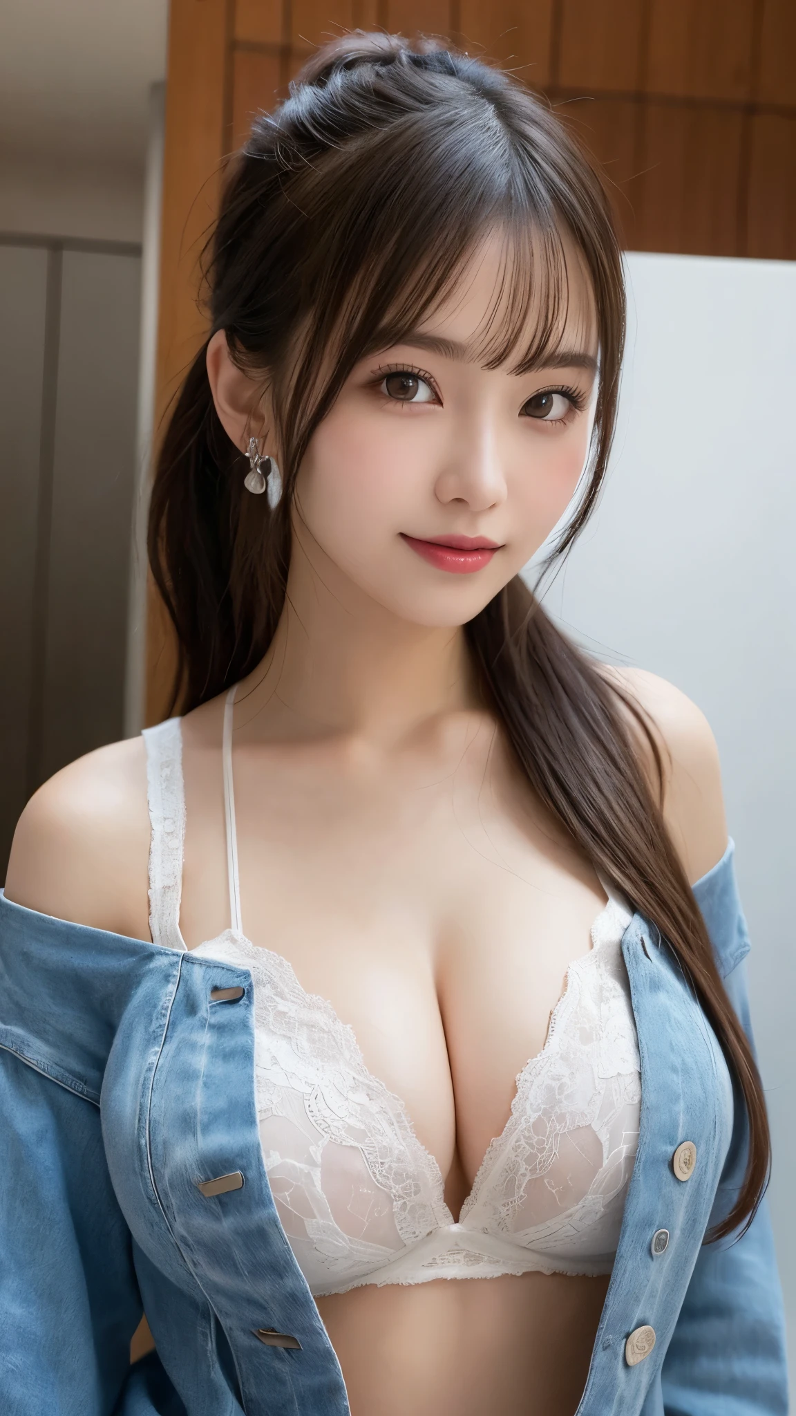 masutepiece, Best Quality, Illustration, Ultra-detailed, finely detail, hight resolution, 8K Wallpaper, Perfect dynamic composition, Beautiful detailed eyes, Women's Fashion Summer,Ponytail hair,Small breasts natural color lip, Bold sexy poses,Smile,Harajuku、20 years girl、Cute、Sexy shot looking at cameraexposing her chest、Show breasts、huge boobs,huge breasts、exposing her chest、exposing her chest、Show breasts、exposing her chest、Show breasts、huge boobs,huge breasts、exposing her chest、exposing her chest、Show breasts、exposing her chest、Show breasts、huge ,huge breasts、exposing her chest、exposing her chest、Show breasts