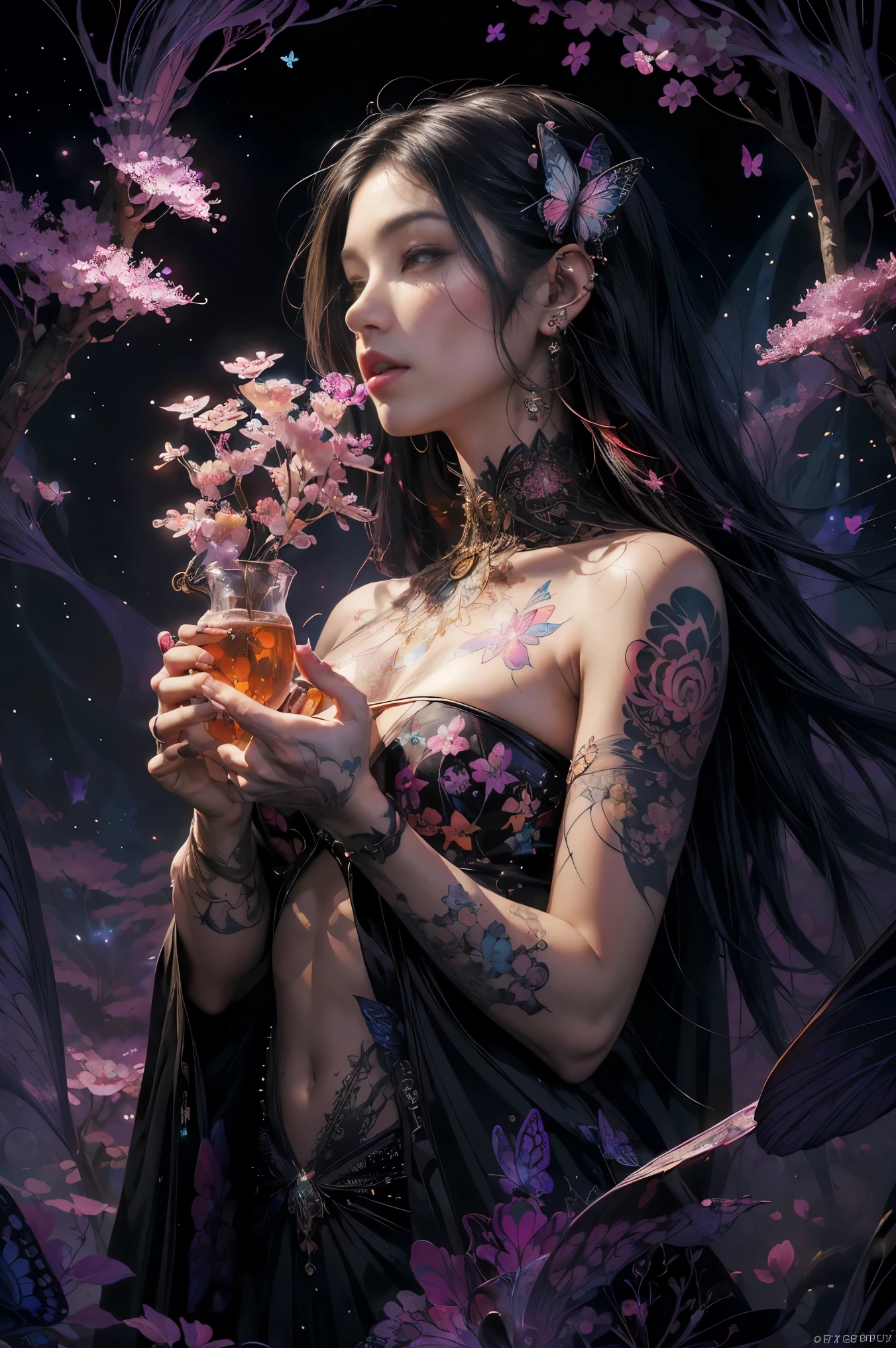 (masterpiece, top quality, best quality, official art, beautiful, cosmic, atmospheric, psychedelic, dreamlike and aesthetic:1.2), (1girl, black hair, tons of tattoos and piercings), extreme detailed,(fractal art:1.3),colorful,highest detailed, cherry blossoms and butterflies blowing in the wind