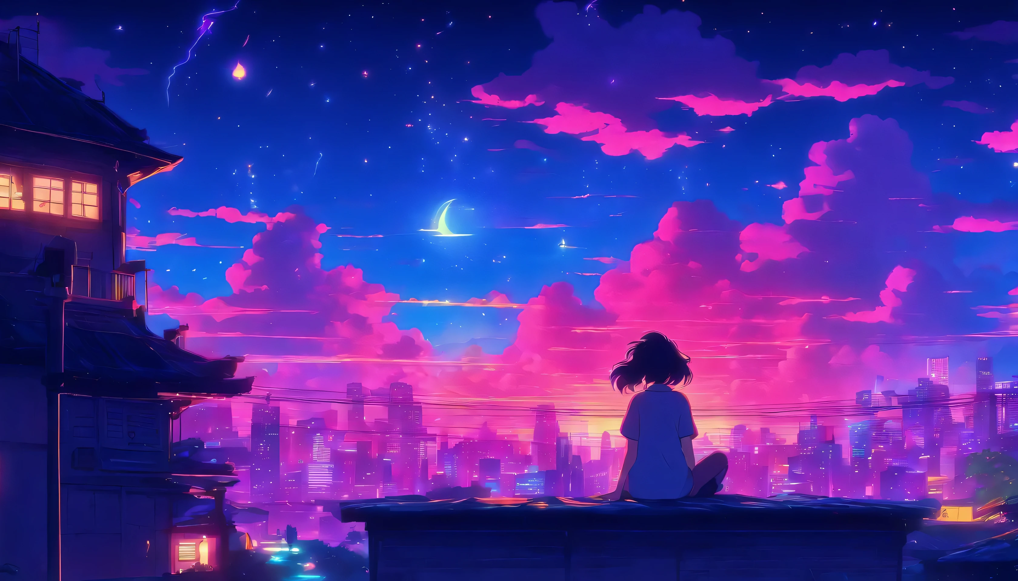 (Lofi), A girl sitting on the rooftop of an old house, Lo-fi image,retro, flat,2.5d, night light, rooftop view, neon scape, beautiful colorful night sky,stars ,analog color theme, fantasy ,line art, ink drawing, big ink line, watercolor, goauche color, studio Ghibli style, awesome colorful, outurn, synthwave, lofi art,90s style,old texture, amplitude,90s atmosphere, masterpiece, massive skills