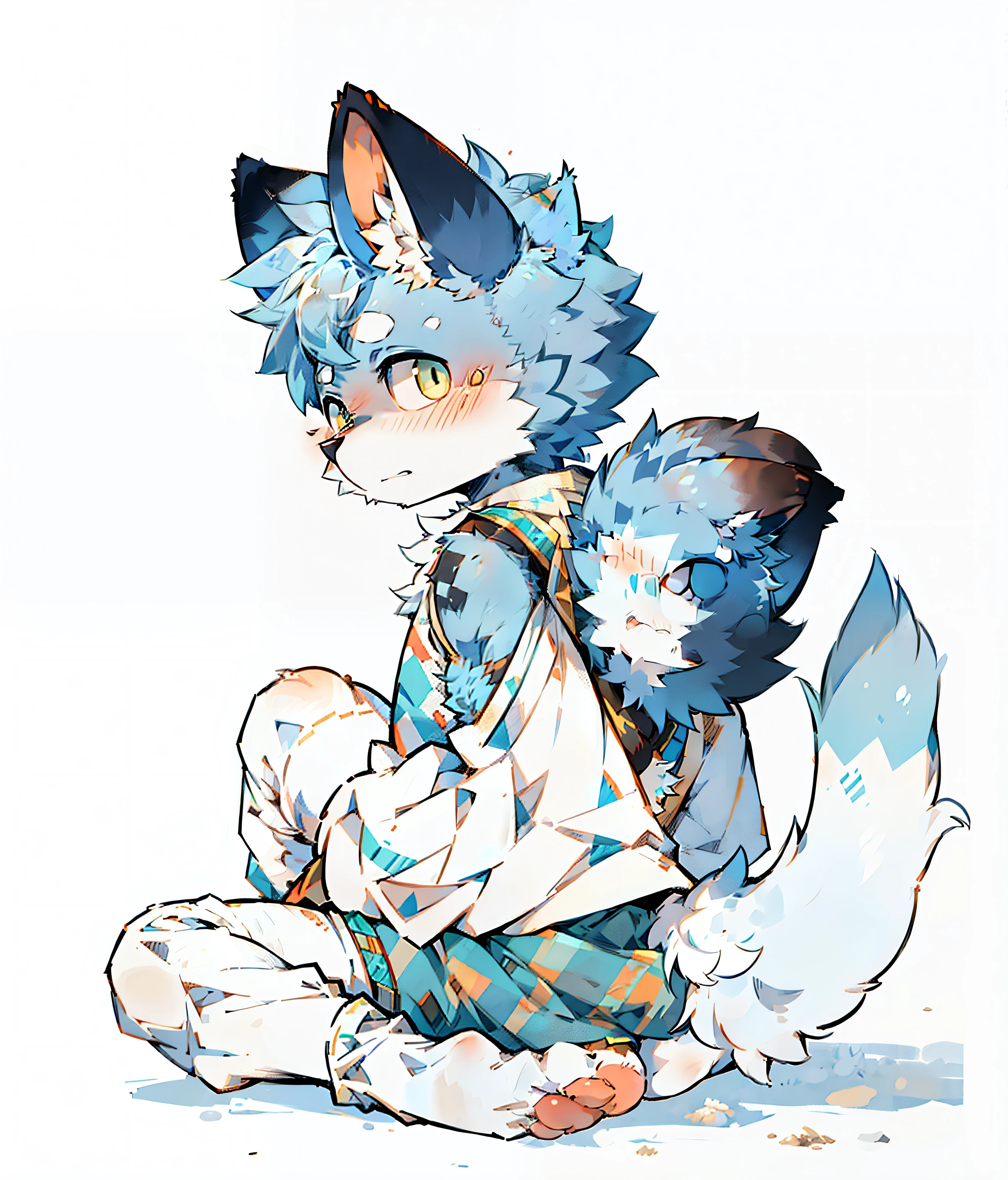hairy,hairy cat boy,(Turn your back to the camera),(Wear short white socks),the only person,high quality,Genji, (1 boy:1.4), (Jayway No. 3), neko boy, (hairy:1.5),(cub), super cute face,light blue fur, body hair, (Thick thighs:0.5), (whole body:1.1), perfect lighting, (masterpiece), (ultra deTailed), Eye, blush,White clothes,looking at the audience, alone,Pants, Tail, long skirt,outdoor,shoe,top of mountain,rest