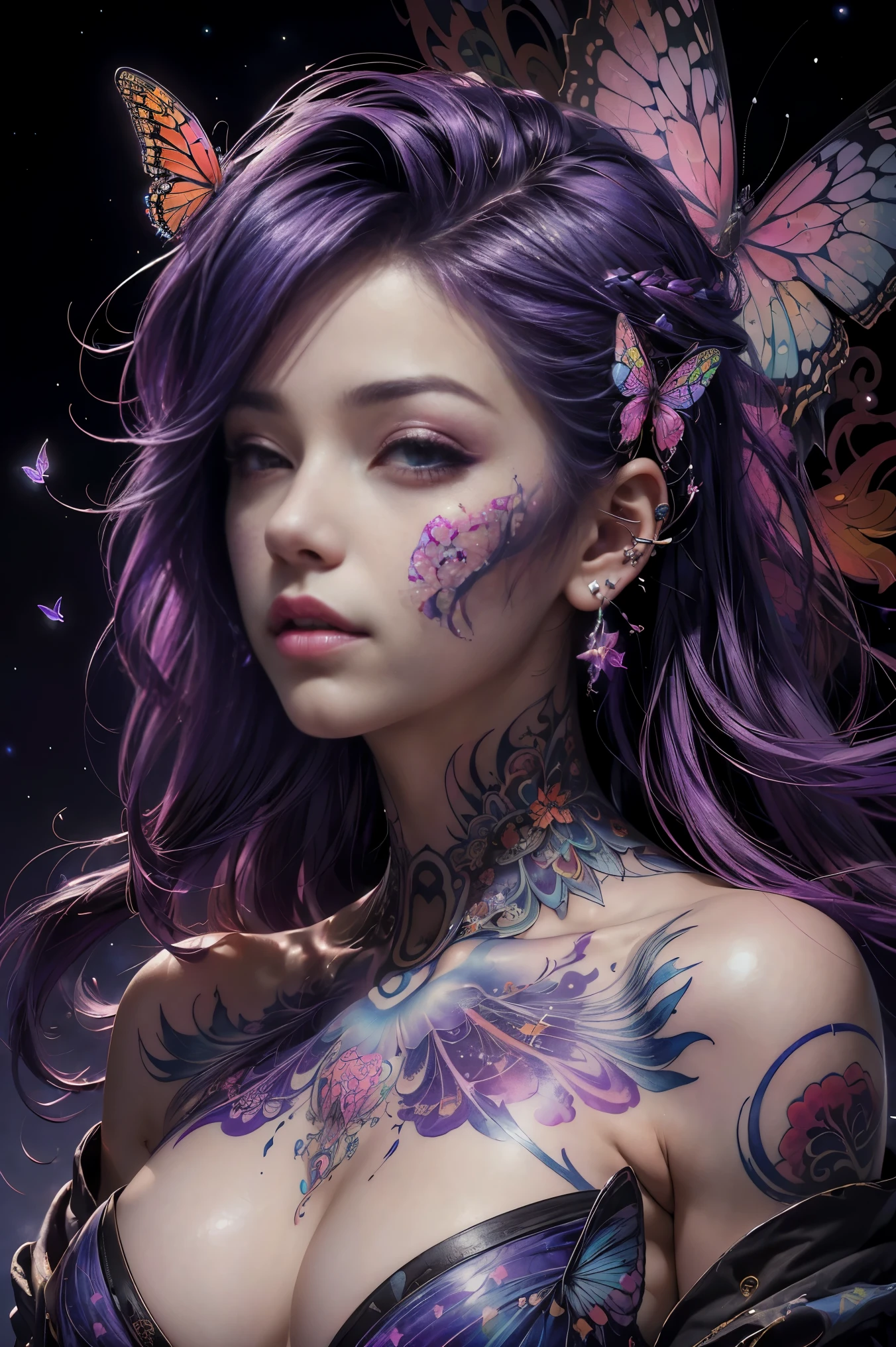 (masterpiece, top quality, best quality, official art, beautiful, cosmic, atmospheric, psychedelic, dreamlike and aesthetic:1.2), (1girl, purple hair, tons of tattoos and piercings), extreme detailed,(fractal art:1.3),colorful,highest detailed, cherry blossoms and butterflies blowing in the wind