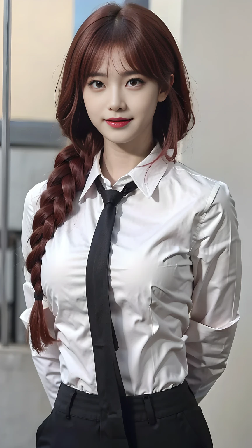 best quality, natural lighting, masterpiece, 1 girl, perfect beautiful face, (photo photo:1.3), edge lighting, photography lighting, (high detail skin:1.2), 8k ultra hd, DSLR, high quality, high resolution, white skin, detailed textured skin, 3/4 body in frame, sexy posing, poker face, close-lip, perfect propotion face, symetric face, eye level shot, 4k, 8k, bokeh, absurd, best ratio four fingers and one thumb, (realistic:1.3), beautiful detailed girl, cute 1girl, red hair, long hair, bangs, volume hairs, collosal-breast, full looking breast, projecting breast, slim waist, slender, small thighs, perfectly proportion, outdoor background, detailed background, trees, clouds, makima, long hair, smile, bangs, (yellow eyes:1.2), braid, red hair, braided ponytail, ringed eyes, shirt, long sleeves, white shirt, collared shirt, pants, (black pants:1.2), formal, suit, black necktie, (shirt tucked in:1.2), office lady, braid, braided ponytail, long hair, makima, (black necktie:1.2), red hair, yellow eyes, white shirt, (hands behind back:1.1), thighs in frame, pants is black