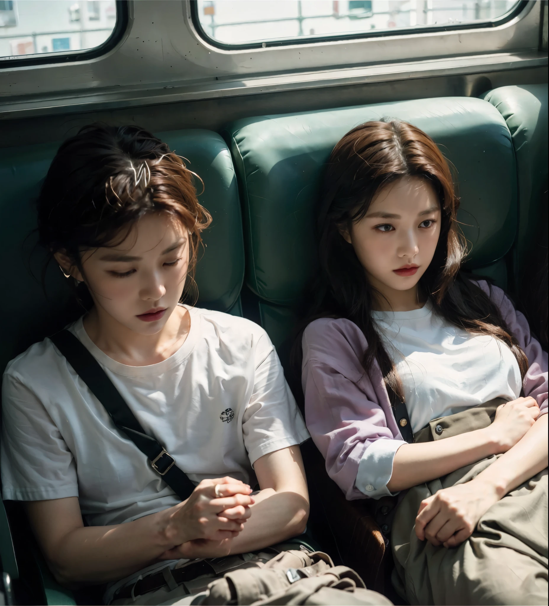 Two people are sitting on a train and looking at their phones, Tired movie stills, Guweiz style art work, guweiz and makoto shinkai, sakimichan and makoto shinkai, still from a live action movie, Animation style mixed with Fujifilm, anime film still, ross tran and makoto shinkai