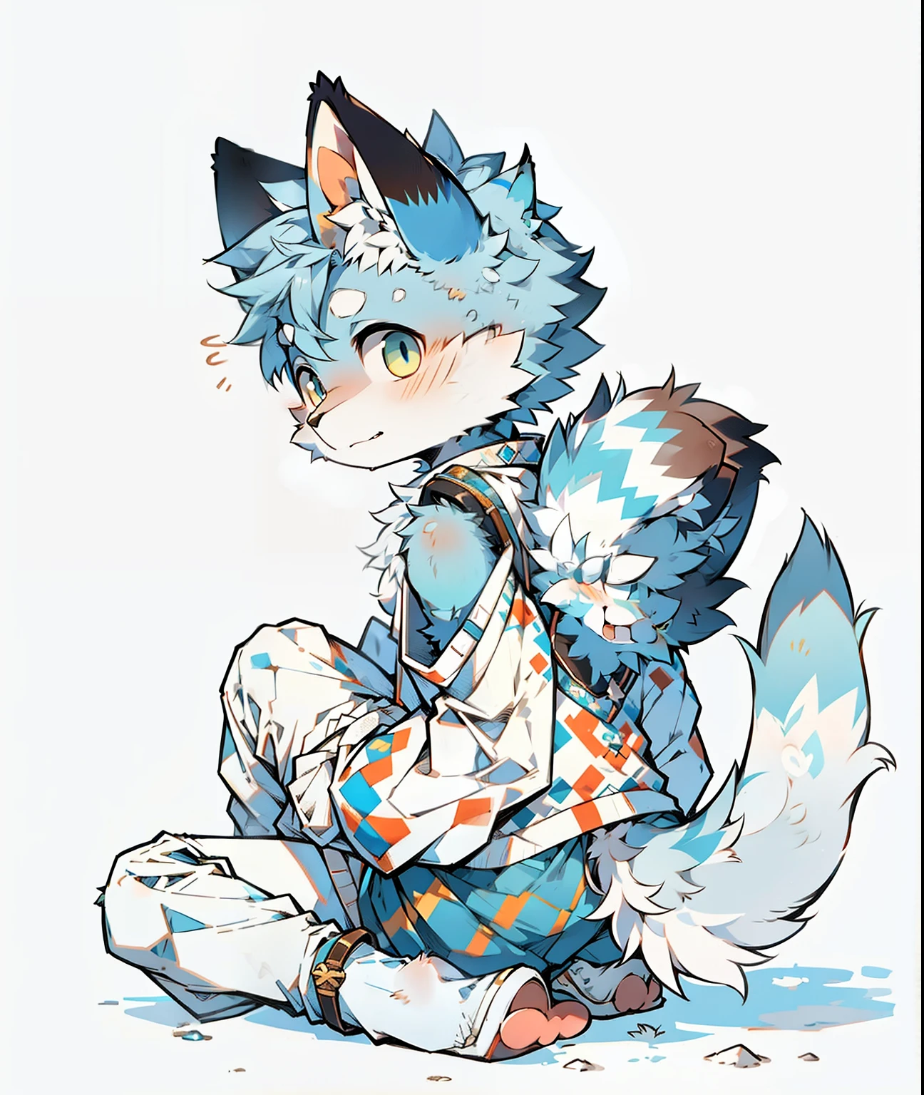 hairy,hairy cat boy,(Turn your back to the camera),(Wear short white socks),the only person,high quality,Negi, (1 boy:1.4), (Jayway 3), neko boy, (hairy:1.5),(cub), super cute face,light blue fur, body hair, (Thick thighs:0.5), (whole body:1.1), perfect lighting, (masterpiece), (ultra deTailed), eyes, blush,White clothes,looking at the audience, alone,Pants, Tail, long skirt,outdoor,shoe,top of mountain,rest