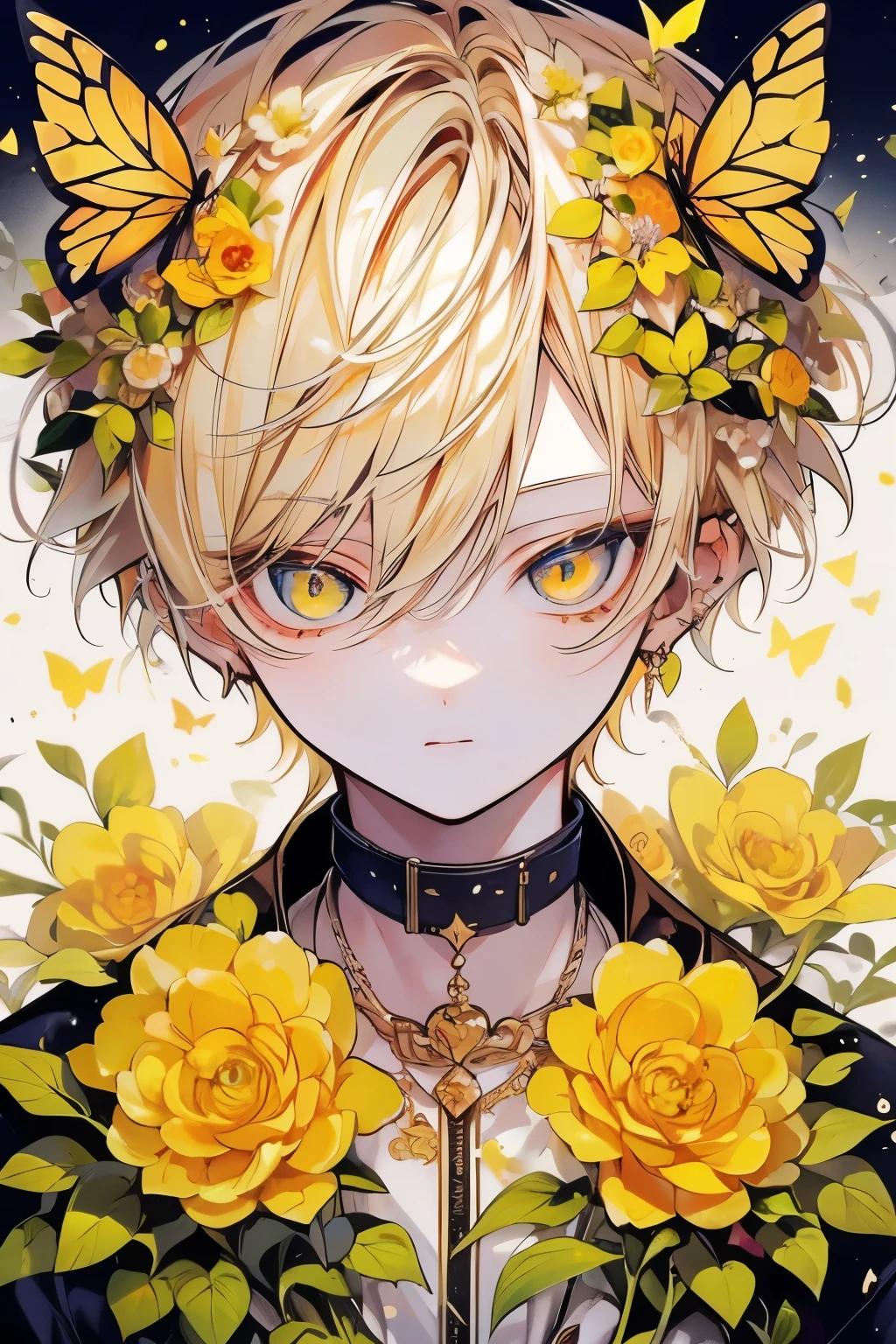 (muste piece), (best quality), very detailed, 1 boy, solo focus,perfect face, beautiful face, very detailed顔,(blonde:1.3),(golden eyes:1.3),flower,butterfly々,flowerびら,Light,laughter