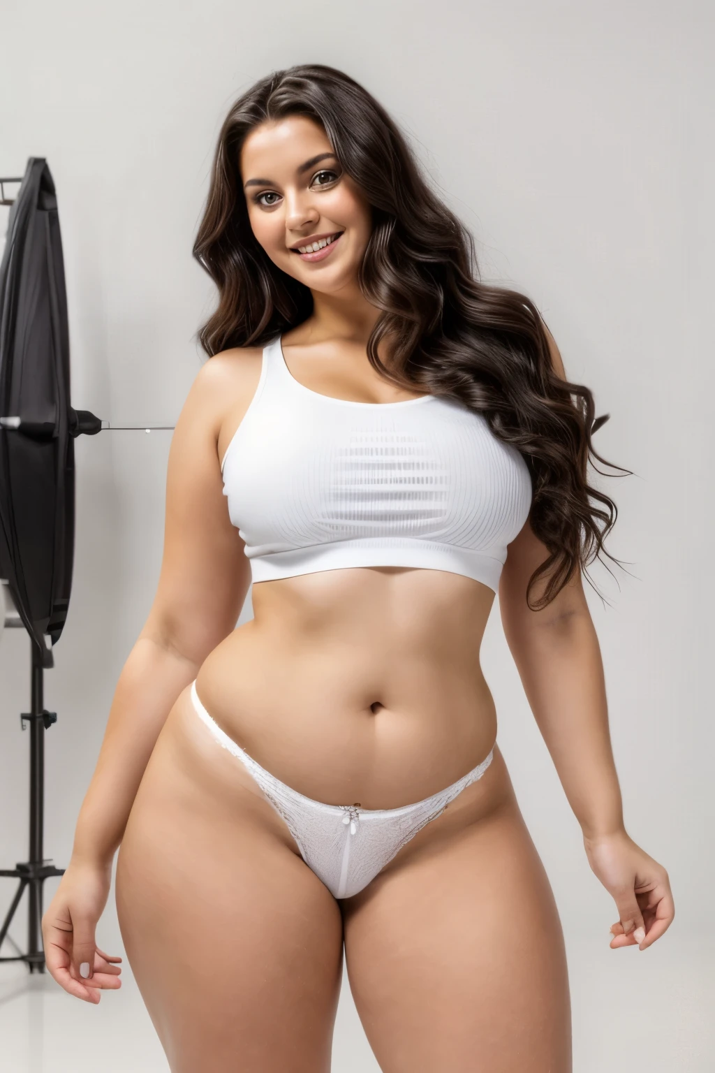A beauty, Italian goddess, brunette goddess, long black wavy hair, slightly overweight, smile, panties, thong, white top and white sneakers, slim and large, large buttocks, posing standing in an absolutely white studio, (yes nsfw)