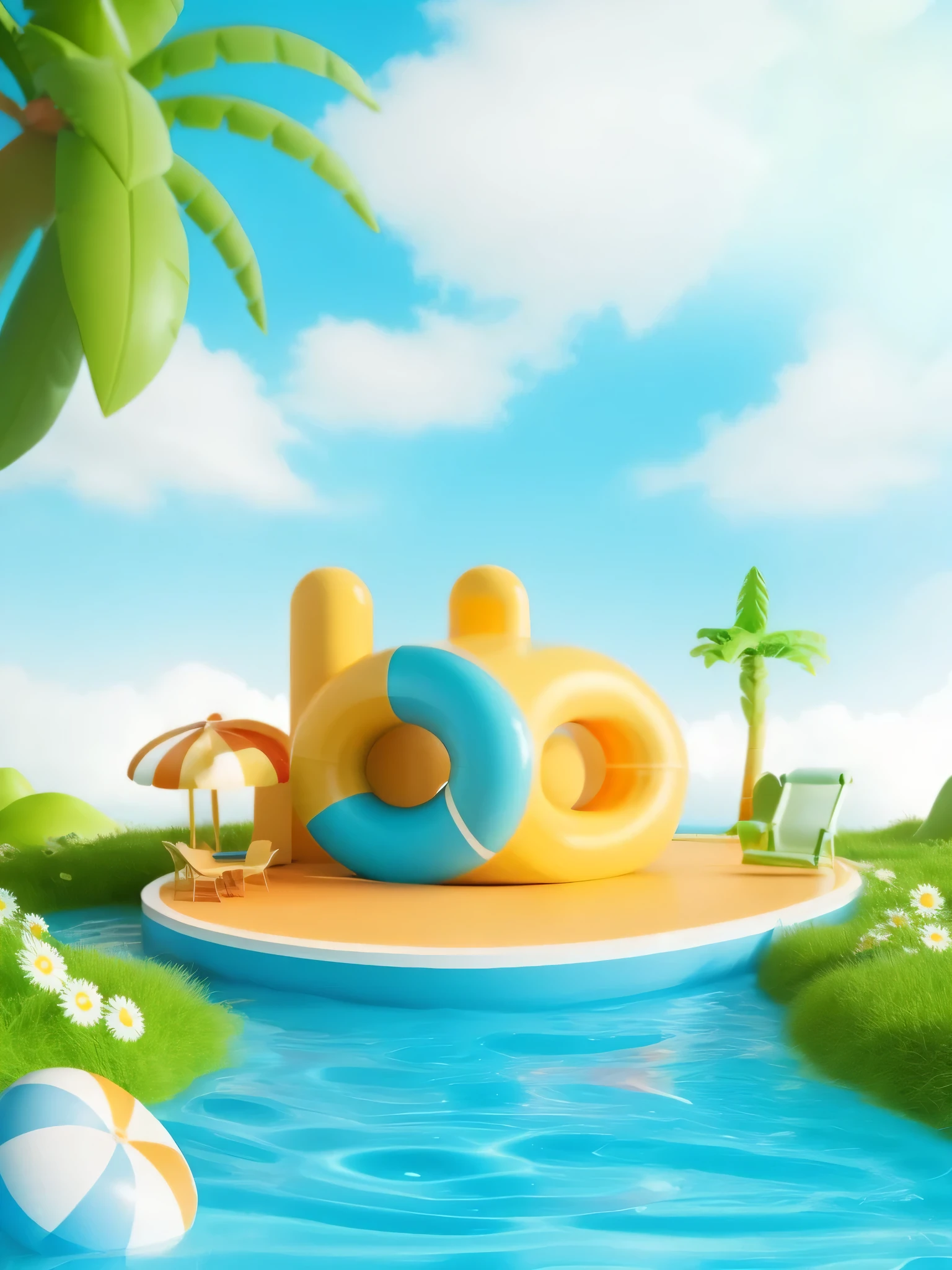 3ddianshang\(style\),a cartoon-style swimming pool,Swimming pool with green inflatable swimming ring,yellow duck float,Summer atmosphere,Colorful ice cream stall,outdoor,no humans,digital rendering,sunny,blue sky,Palm tree,Grass,flowers,daisy,bright colors,Playful design,outdoors,masterpiece, best quality,