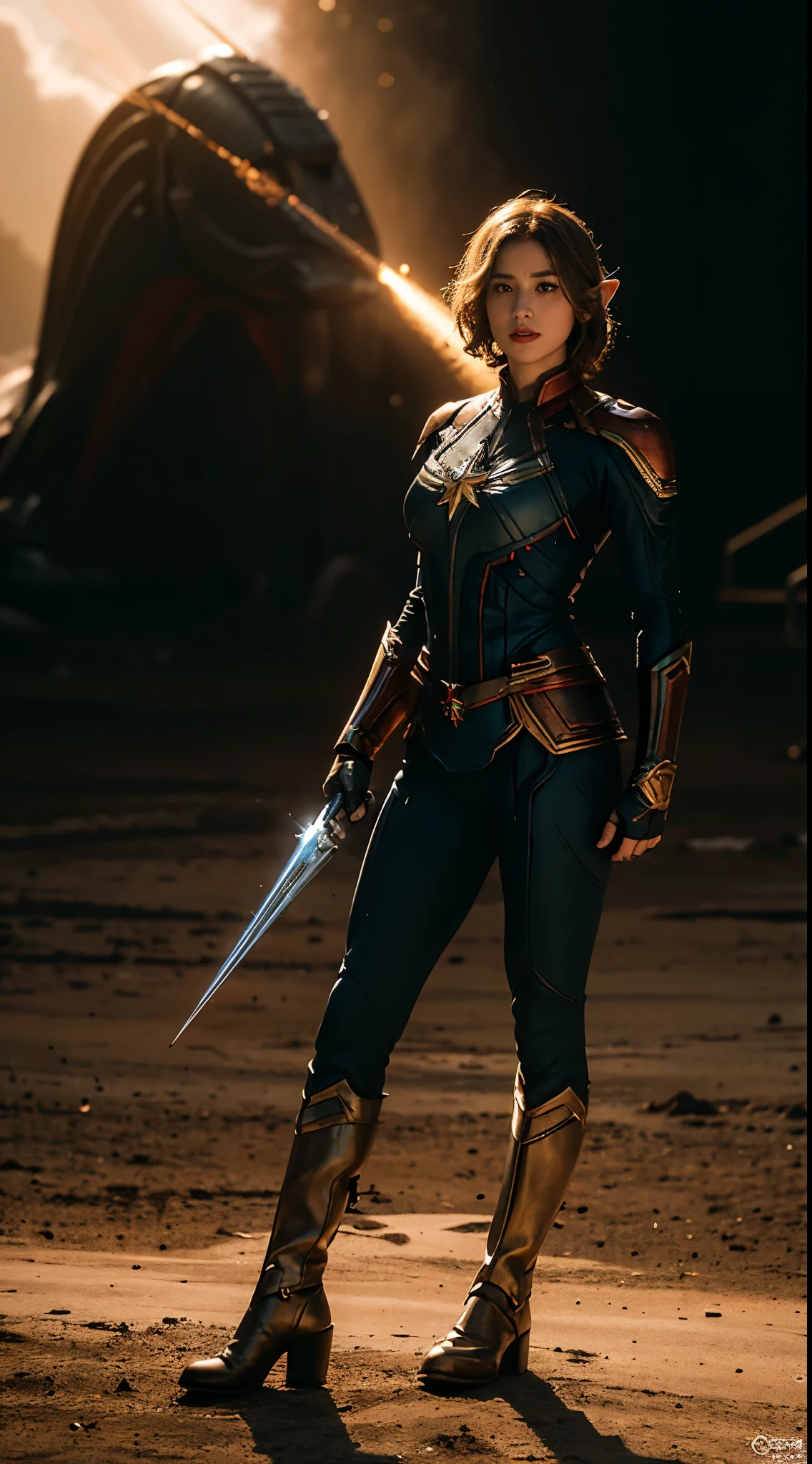 Keswin full body photo: 1, Side lighting, (Elf short hair: 1.3), Hair edge lighting, Shallow and clear depth of field, heroine, (curve: 1.4), (Very detailed), (Award-winning works), (masterpiece), stills, (human development report), (8k wallpaper), Captain Marvel suit, flight, sky background, female focus