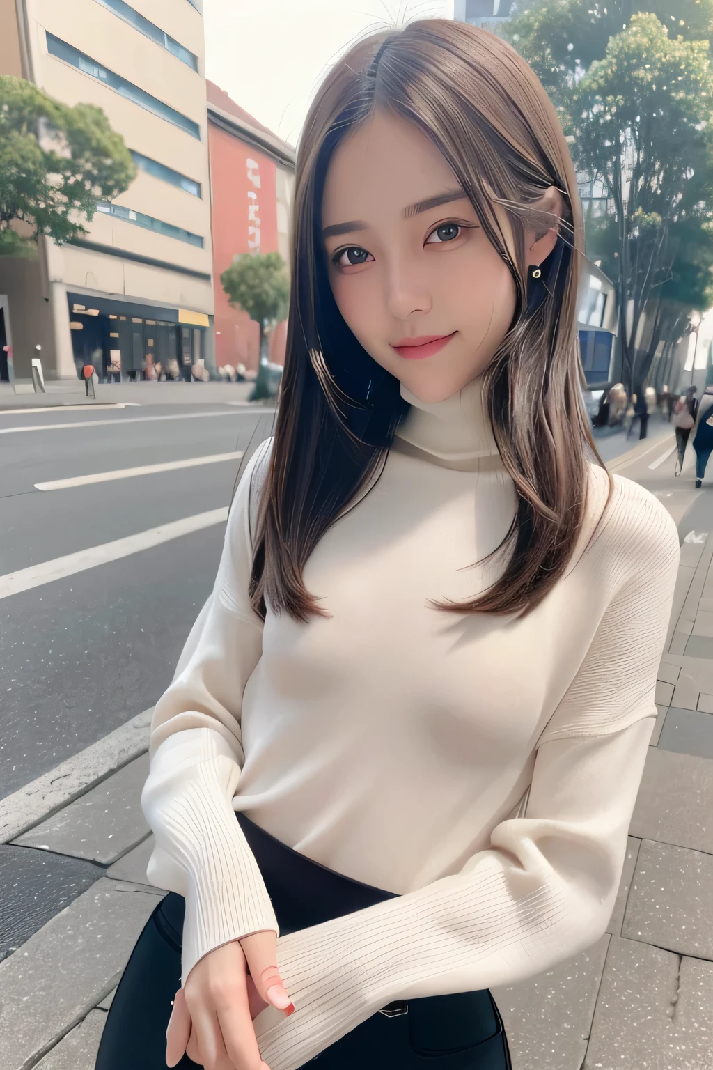 pieces fly、masterpiece、highest quality、Super detailed、High resolution、High resolution、8K portrait、unity 8k wallpaper、Detailed CG、unity 8k wallpaper、Detailed CGユニティ8kの壁紙、realistic、real person、portrait photography、shiny skin、(:1.2)、(cute:1.2)、High resolution、beautiful clear eyes、very detailed explanation、delicate face、nice lips、thin waist、thin legs、1 girl、(urban area:1.3)、(long sleeve turtleneck knit:1.3)、(skinny pants:1.3)、(big smile:1.3)、(stop temporarily:1.2)、((flat chest:1.6))、(No bra:1.6)