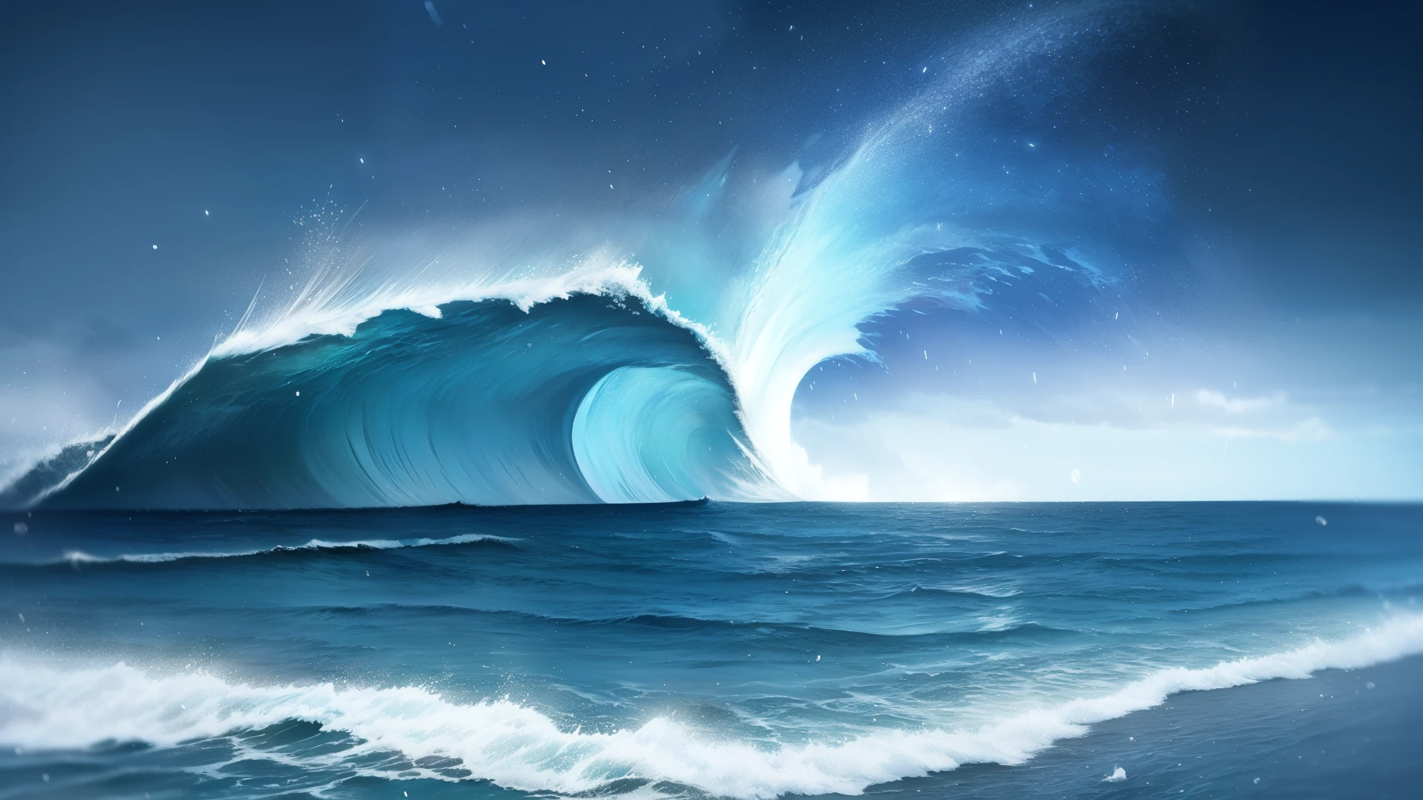 heavy rain pouring down、As the tsunami approaches the ocean、The beautiful sea sparkled with water splashes and drops.。That majestic sea shines brightly、Its beauty made it a beautiful sight.。