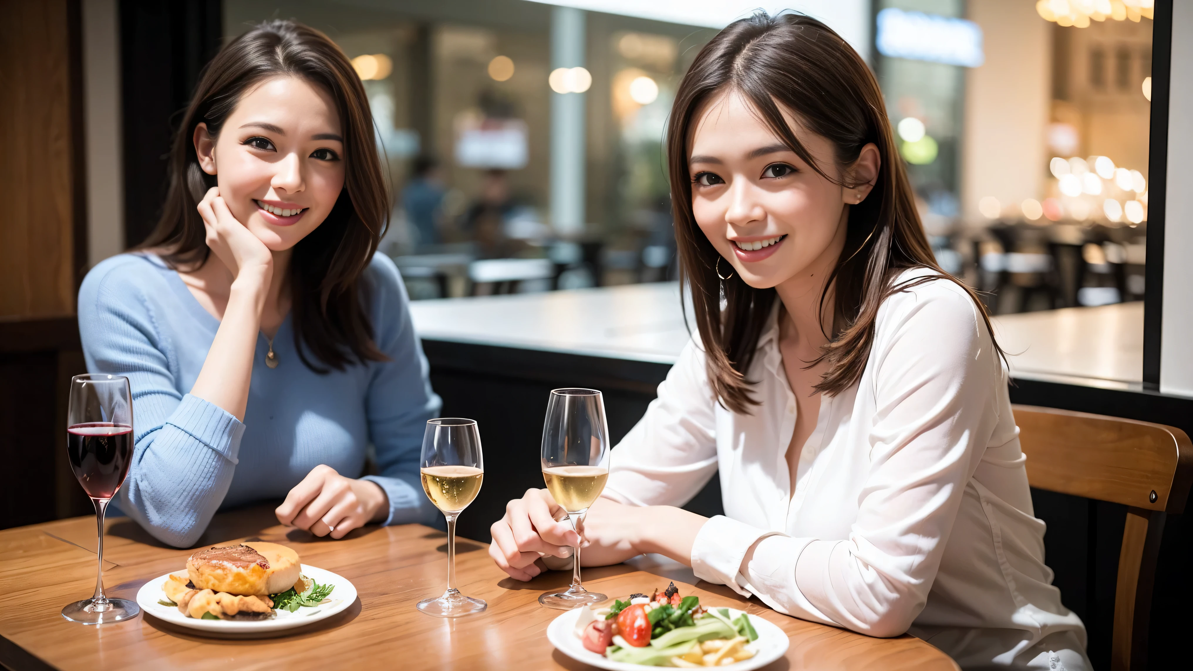 64k, UHD, highest quality, masterpiece: 1.2), (realistic, photorealistic: 1.37), Super detailed, There are many wine fans.、(slimな男女4名),(Wine party for 5 people)、(slimフェイス),Happy、 最高なsmile、Fox Face、Raccoon face、Berry Short、(because I'thin), (brown hair), (shortcut), long sleeve shirt、winter fashion、Colombia、Brazilian、Japanese、Dutch、German、Portuguese、Belgian、Italian、french,champagne、Sparkling wine、 (gush), (slimボティ), (brown hair), (shortcut), Neat beauty、cheeks blush a little, (35 years old), 38 years old, alone, A beautiful and detailed night view spreads out outside the window..., restaurant, wine glassが座っている, At night, in a prominent place (from the Upper body) nova frog style, actress, model, Upper body, White wine, slim, wine glass, very beautiful night view, wine glass Put in the Middle, Happy smile, (smile: 1.15),