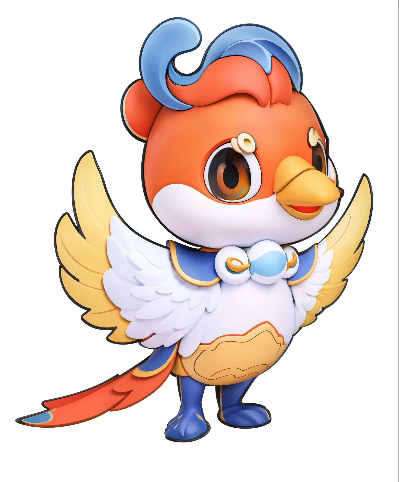 (best quality),(masterpiece),high details,extremely_detailed_CG_unity_8k_wallpaper,1boy, solo,Cartoon illustration of a bird wearing a blue hat and a red tail, Character art of Maple Leaf Story, birb, royal bird, anthropomorphic bird, fox from league of legends chibi, Adventure Island, Adventure Island mouse, offanim (Ophanim) Have bird wings, official character art, avian!!! Ferson, chibi, Anthropomorphic chicken, marco the phoenix