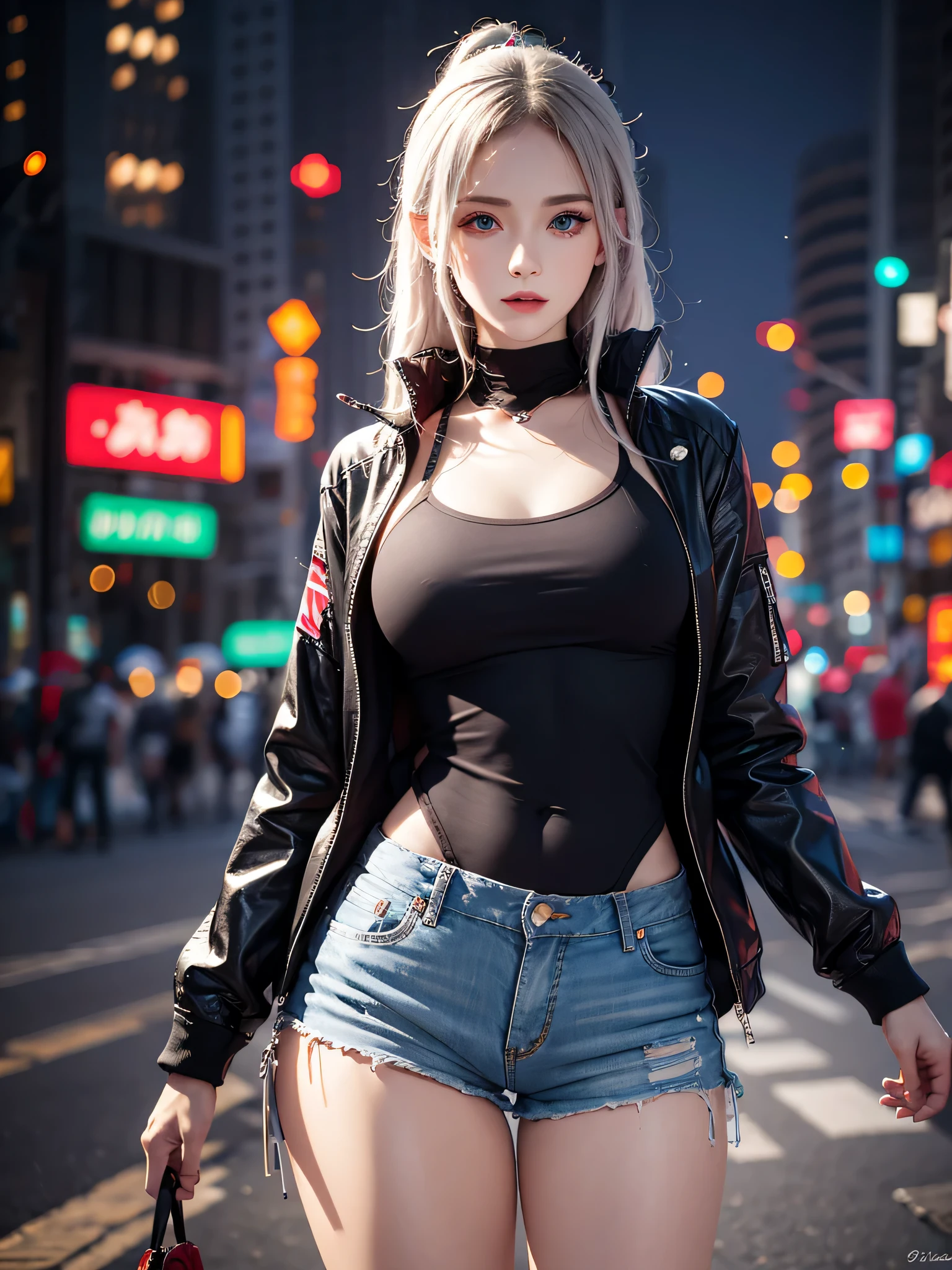 lifelike, high resolution, 1 female, aldult, alone, blue eyes, Buttocks up, (超shorts)((cosmetic)),red lips, jacket, t-shirt, shorts, cyberpunk style, night city, neon lights