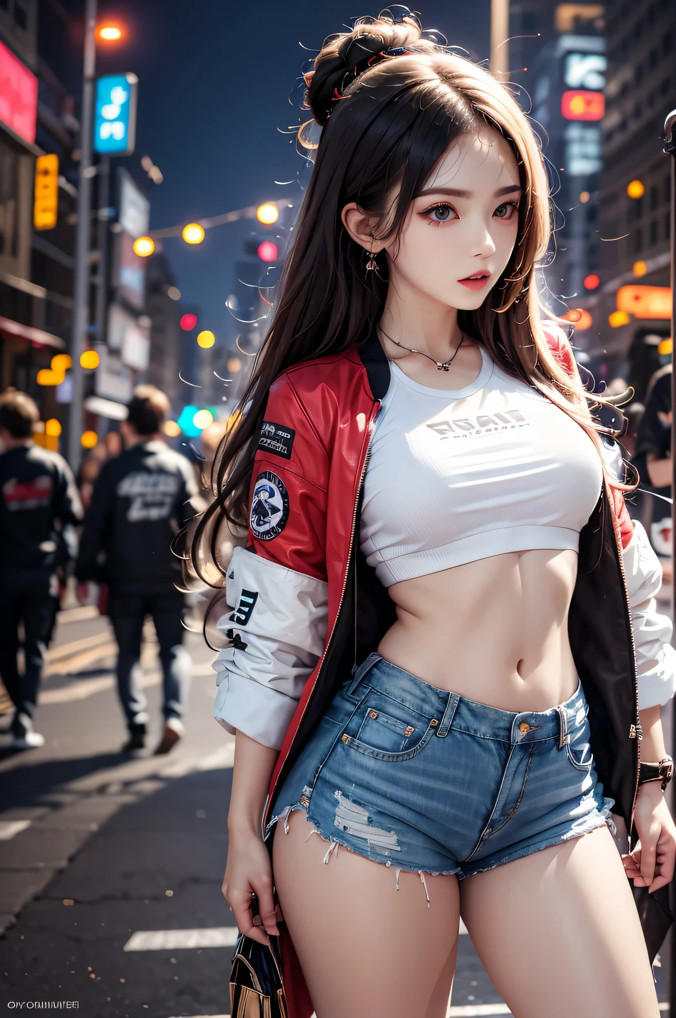 lifelike, high resolution, 1 female, aldult, alone, blue eyes, Buttocks up, （超shorts）((cosmetic)),red lips, jacket, t-shirt, shorts, cyberpunk style, night city, neon lights